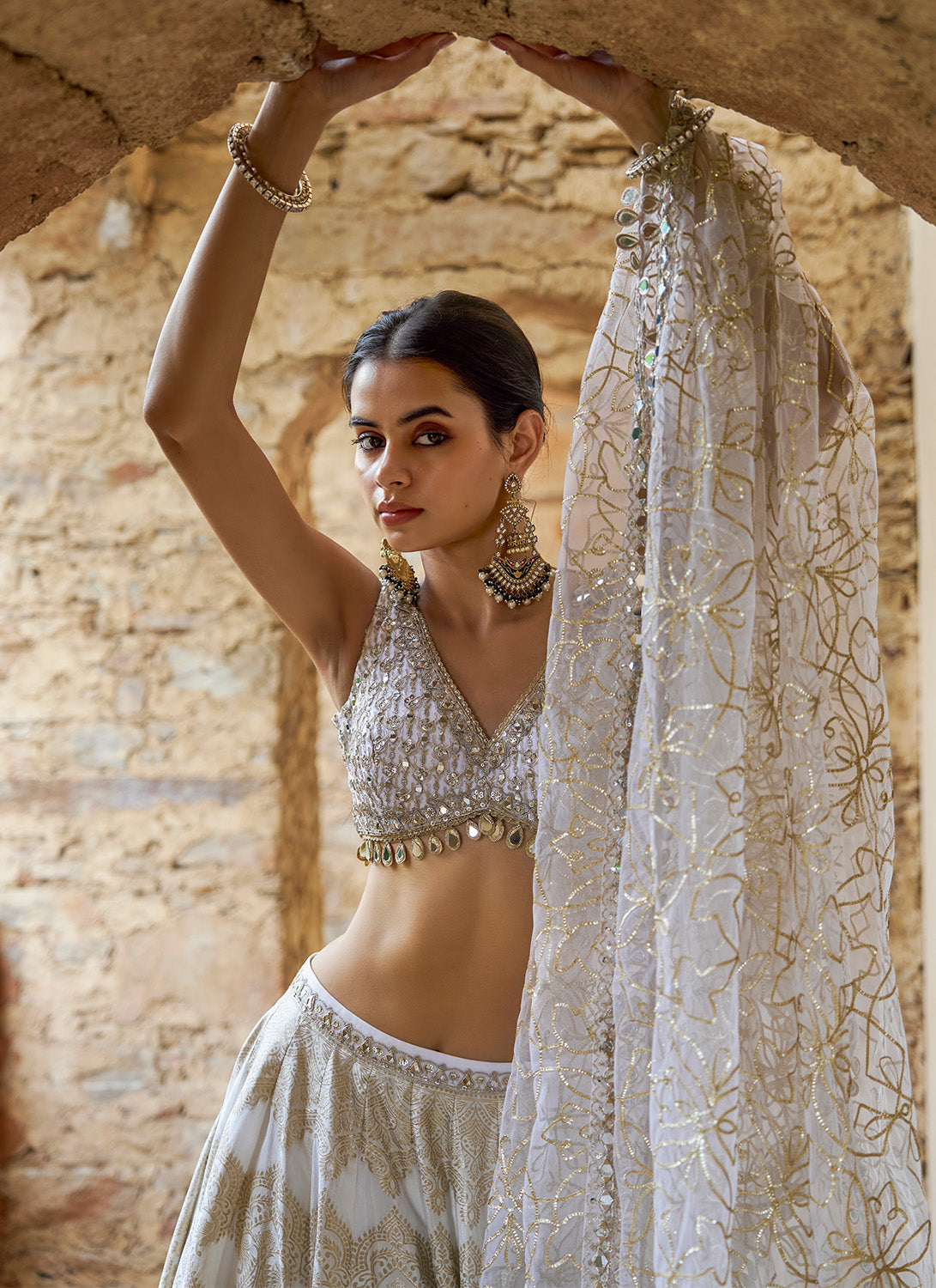 White and Gold Embroidered Viscose Brocade Lehenga