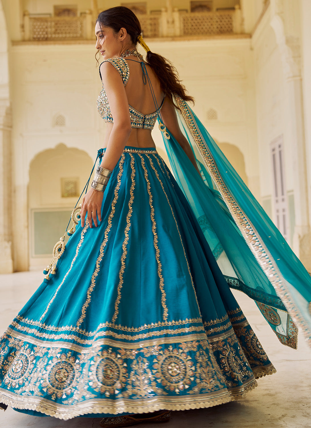 Teal Blue Embroidered Silk Lehenga