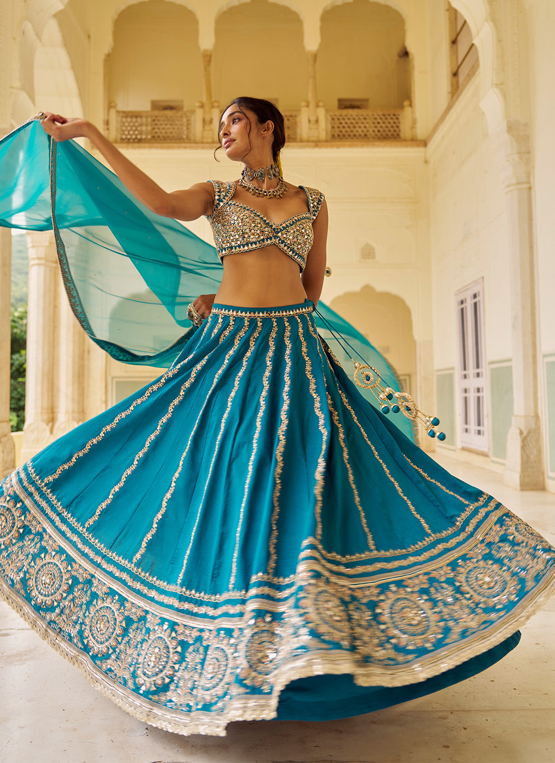 Teal Blue Embroidered Silk Lehenga