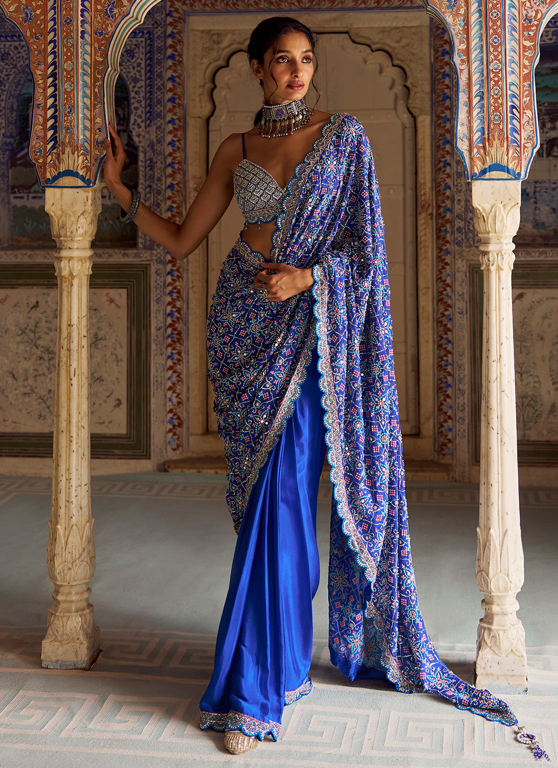 Royal Blue Embroidered Viscose Chiffon Saree