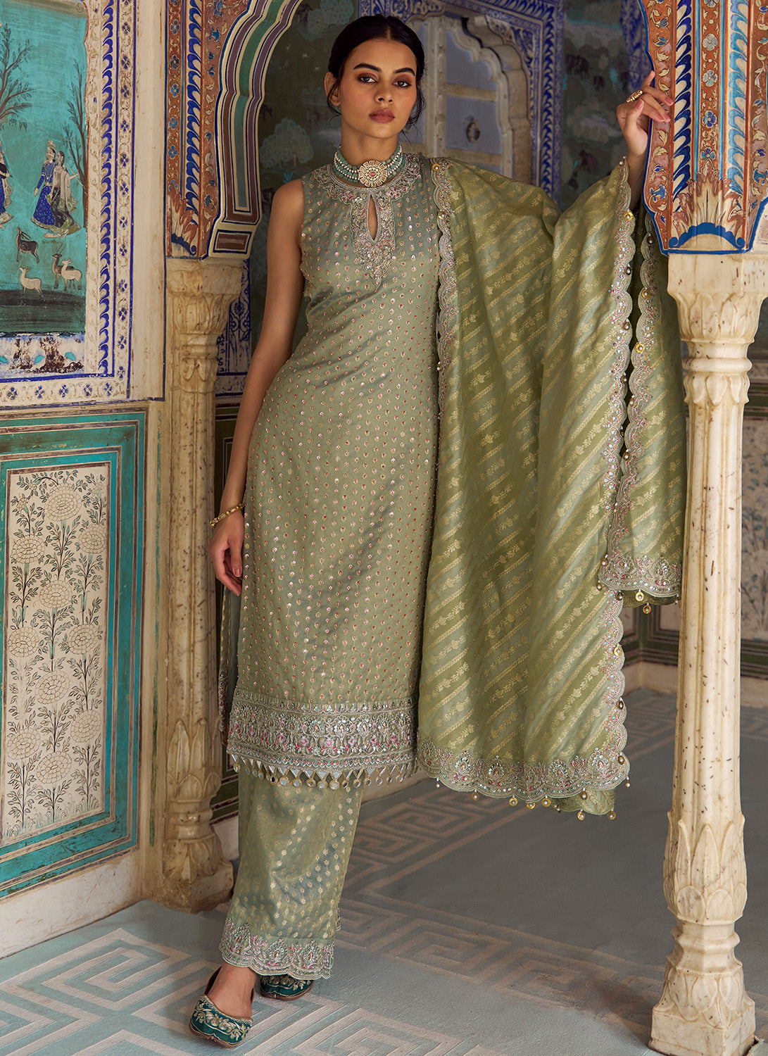 Mint Green Embroidered Viscose Tissue Palazzo Suit