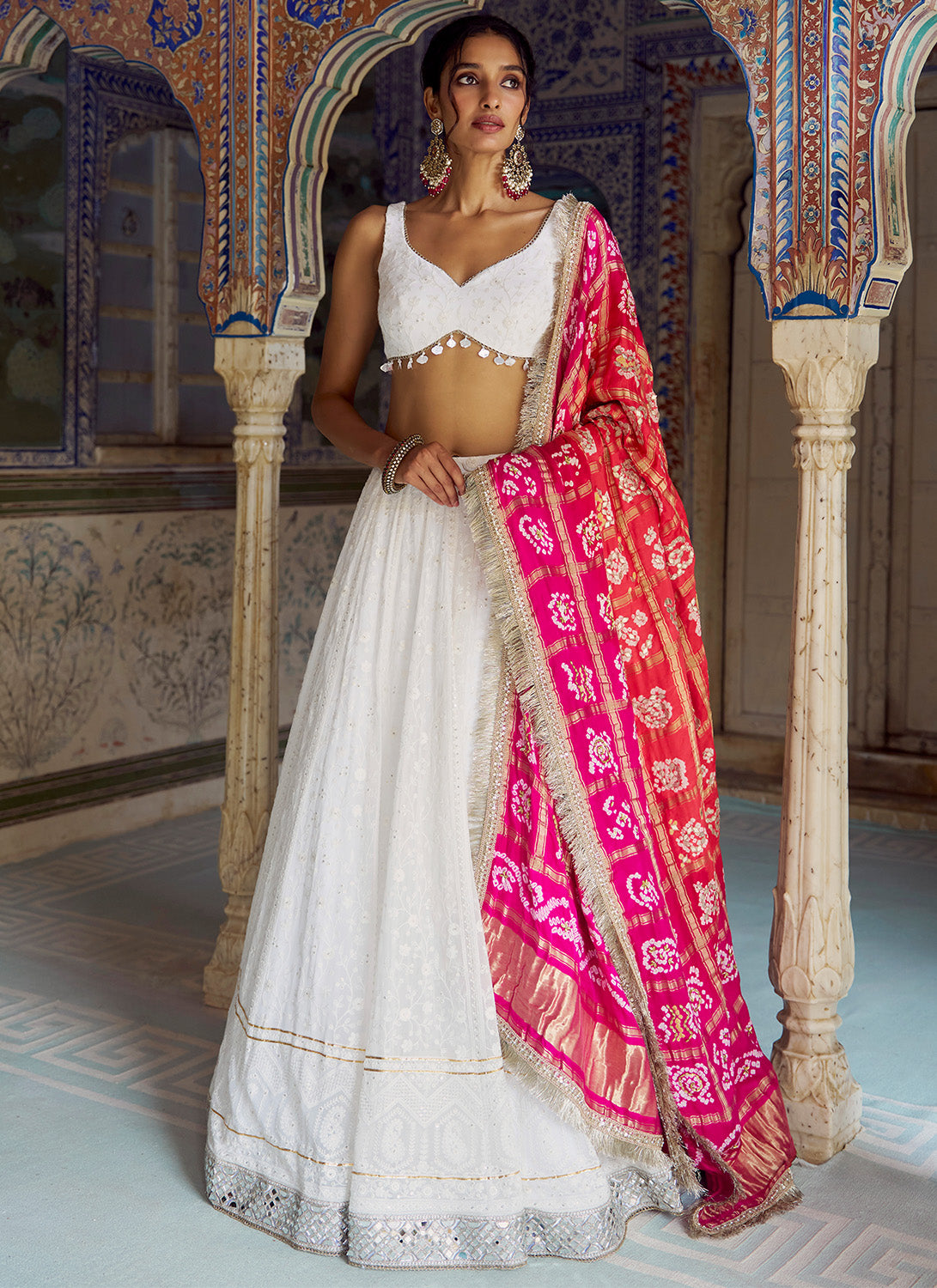 White Embroidered Lucknowi Lehenga With Pure Bandhani Dupatta