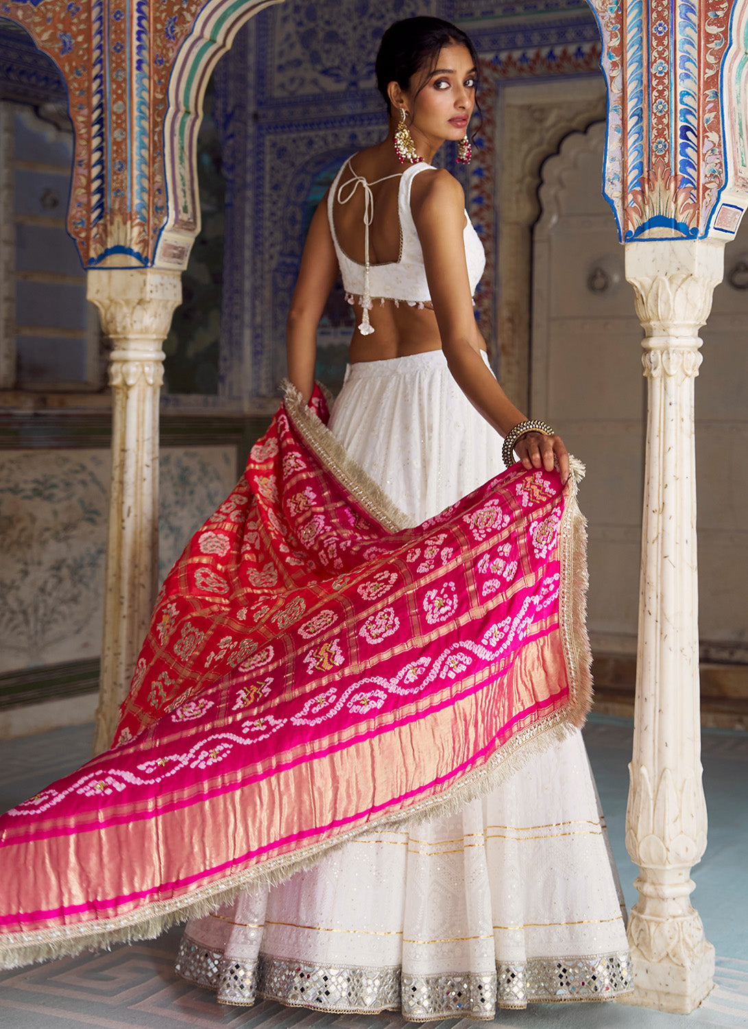 White Embroidered Lucknowi Lehenga With Pure Bandhani Dupatta