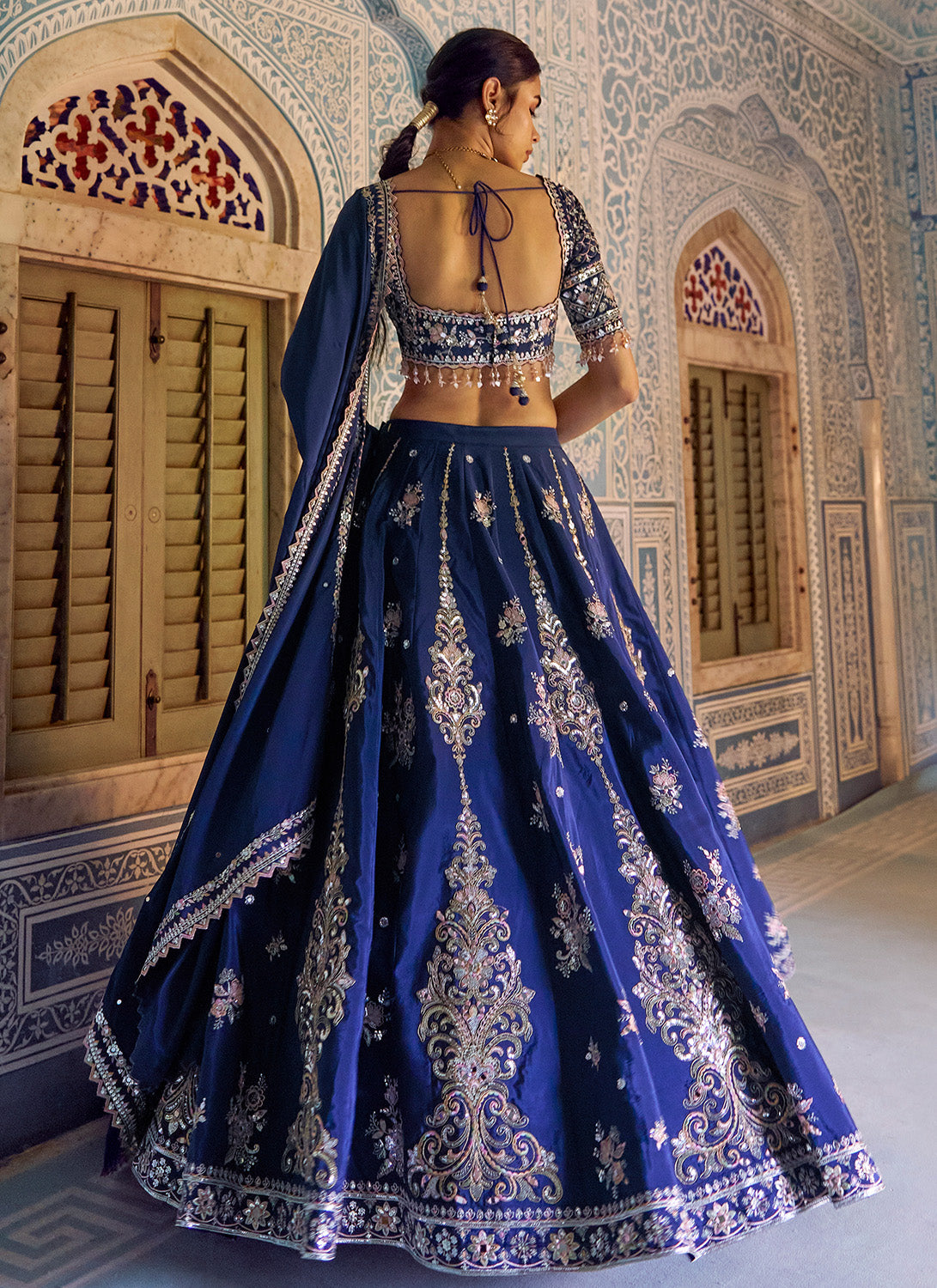 Navy Blue Embroidered Viscose Crepe Lehenga