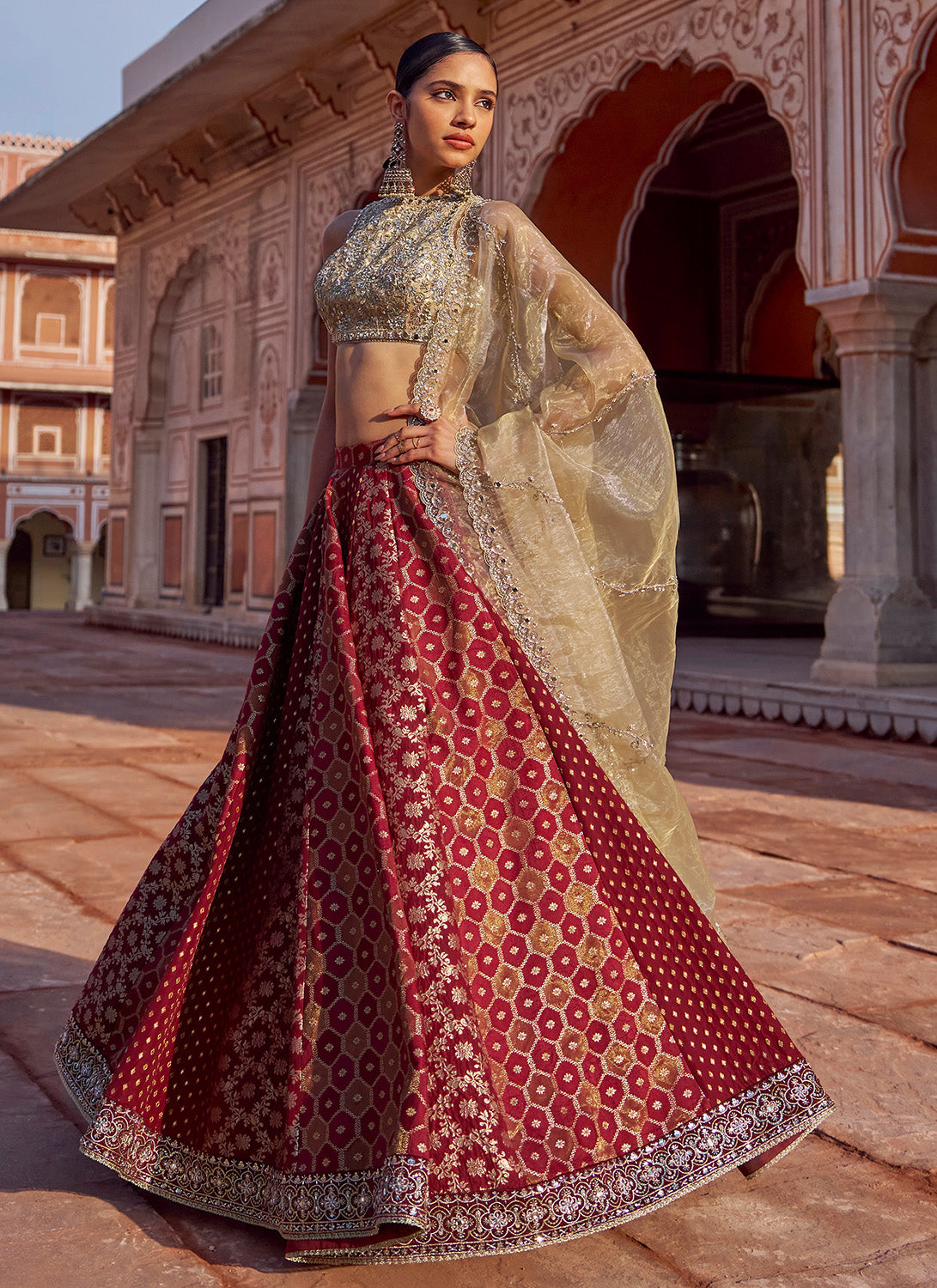 Maroon and Gold Embroidered Tissue Lehenga