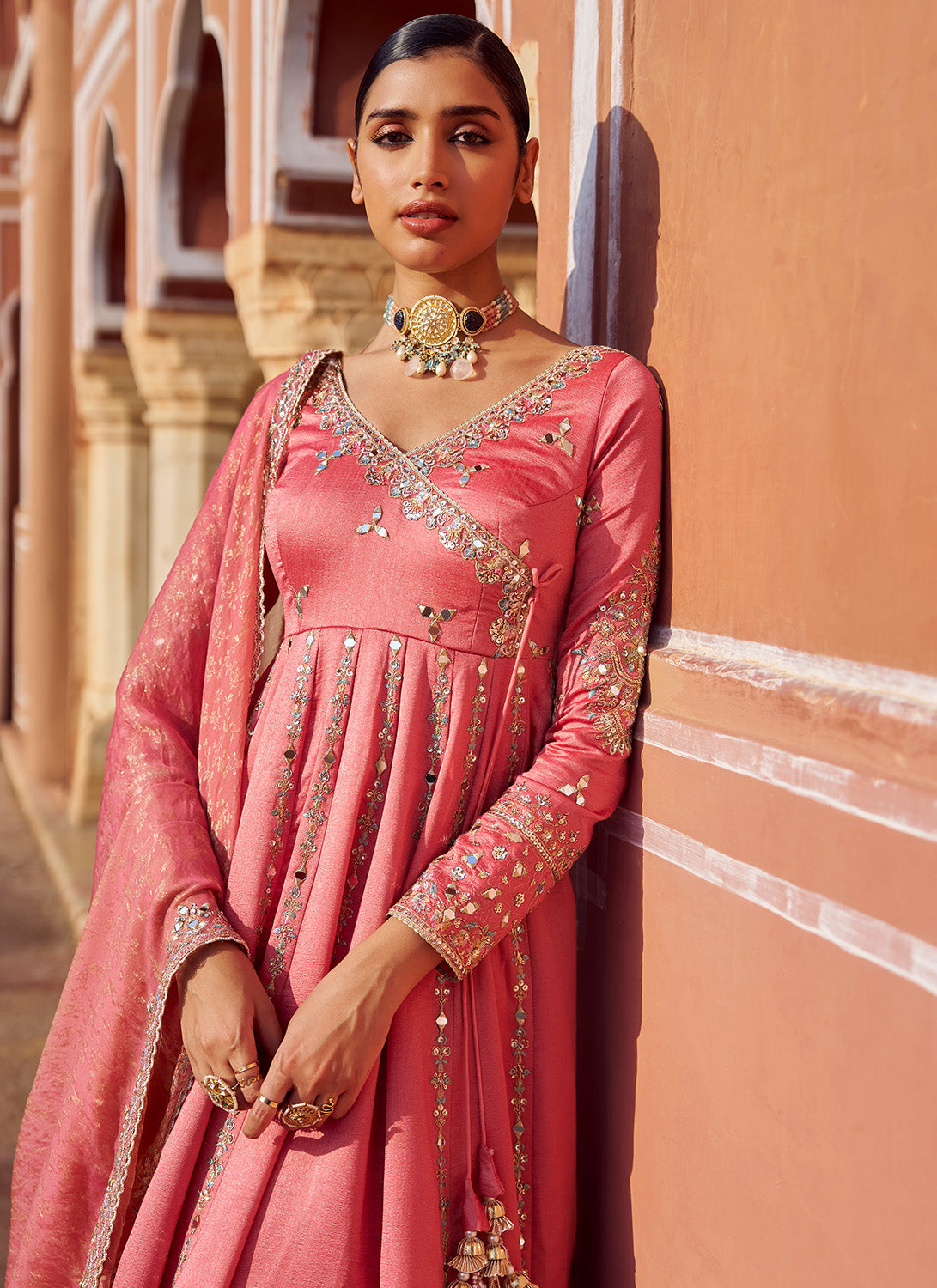 Coral Embroidered Silk Anarkali