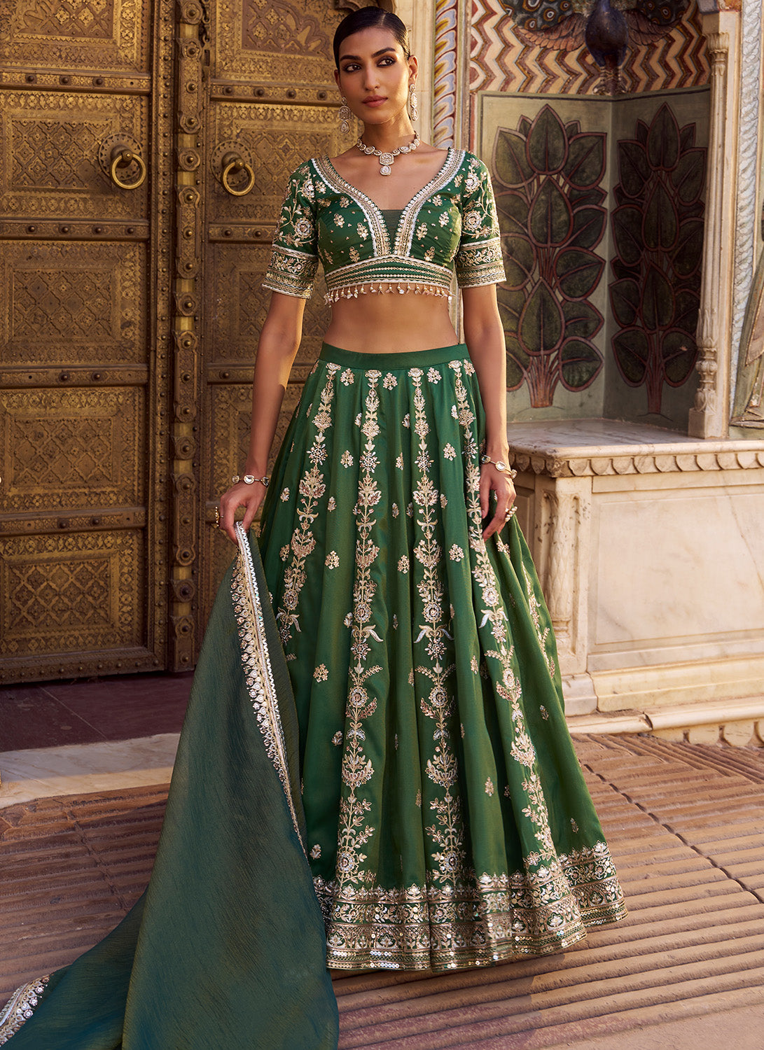 Green Embroidered Silk Lehenga