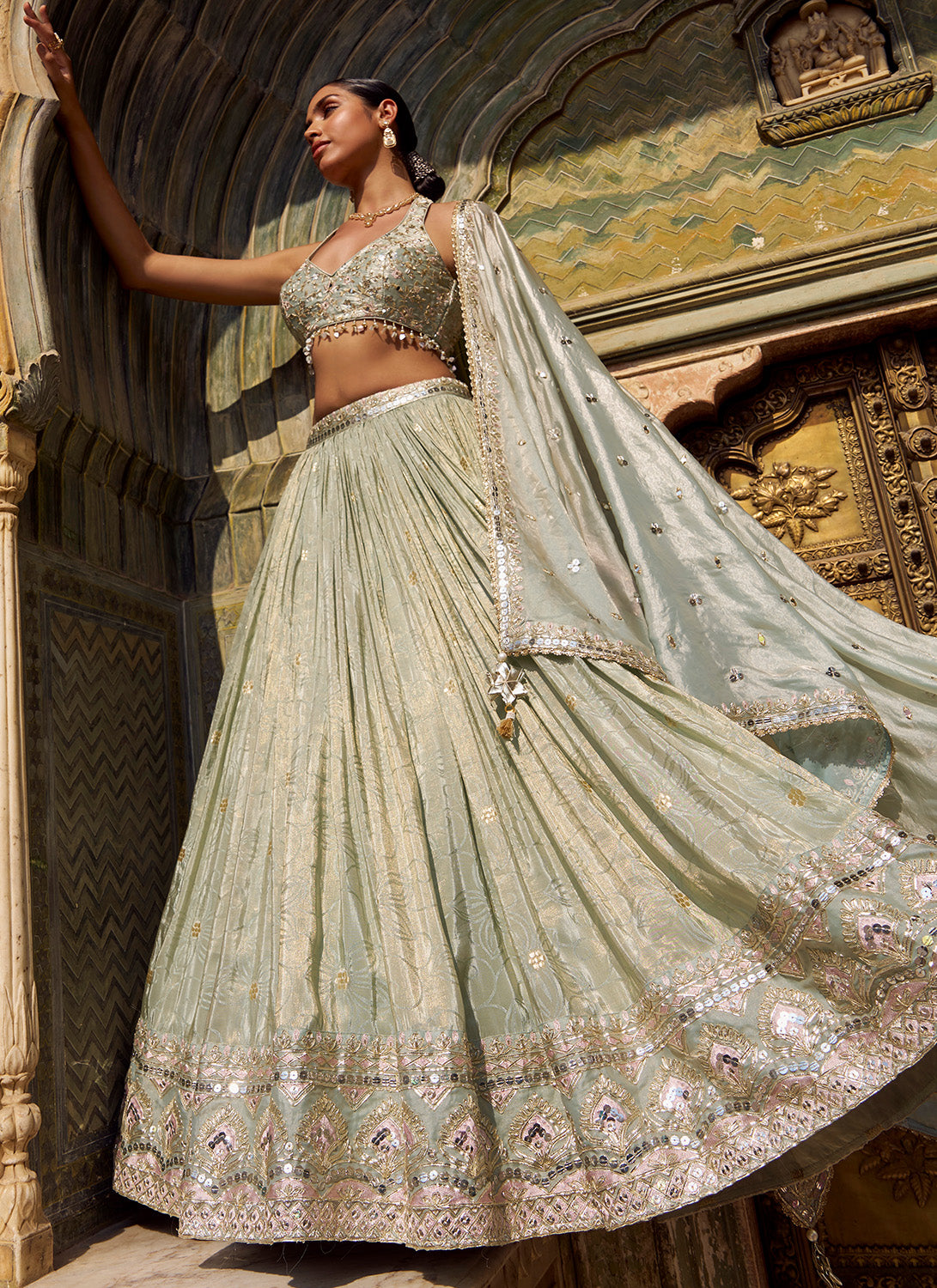 Light Dusty Green Embroidered Lehenga