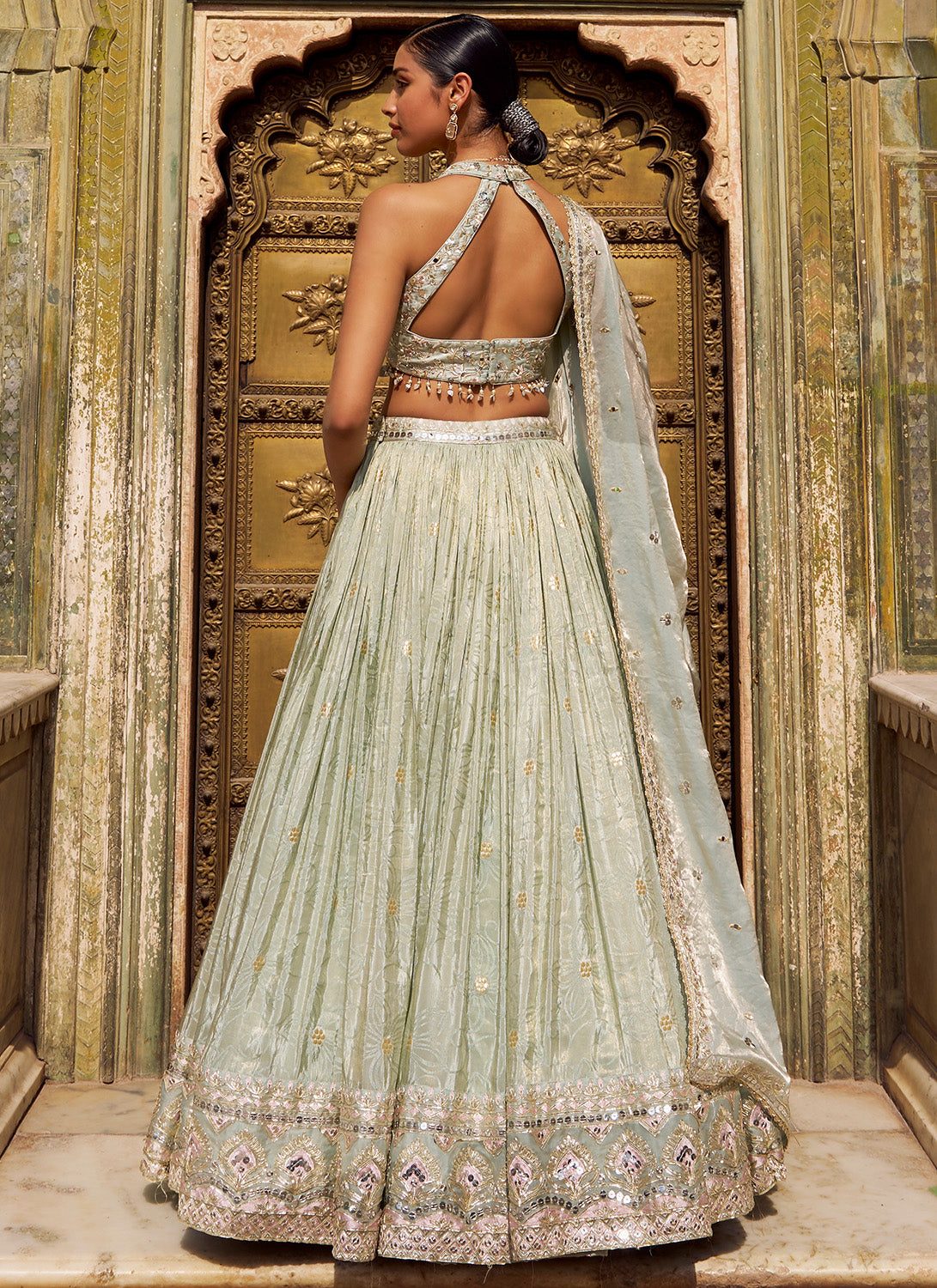 Light Dusty Green Embroidered Lehenga