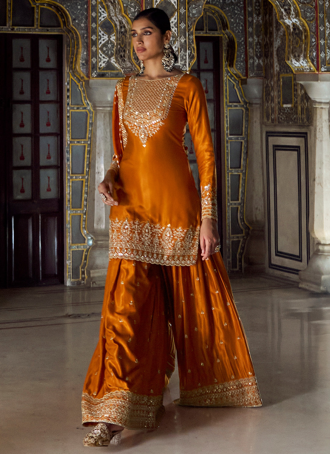 Orange Embroidered Pure Bandhani Sharara