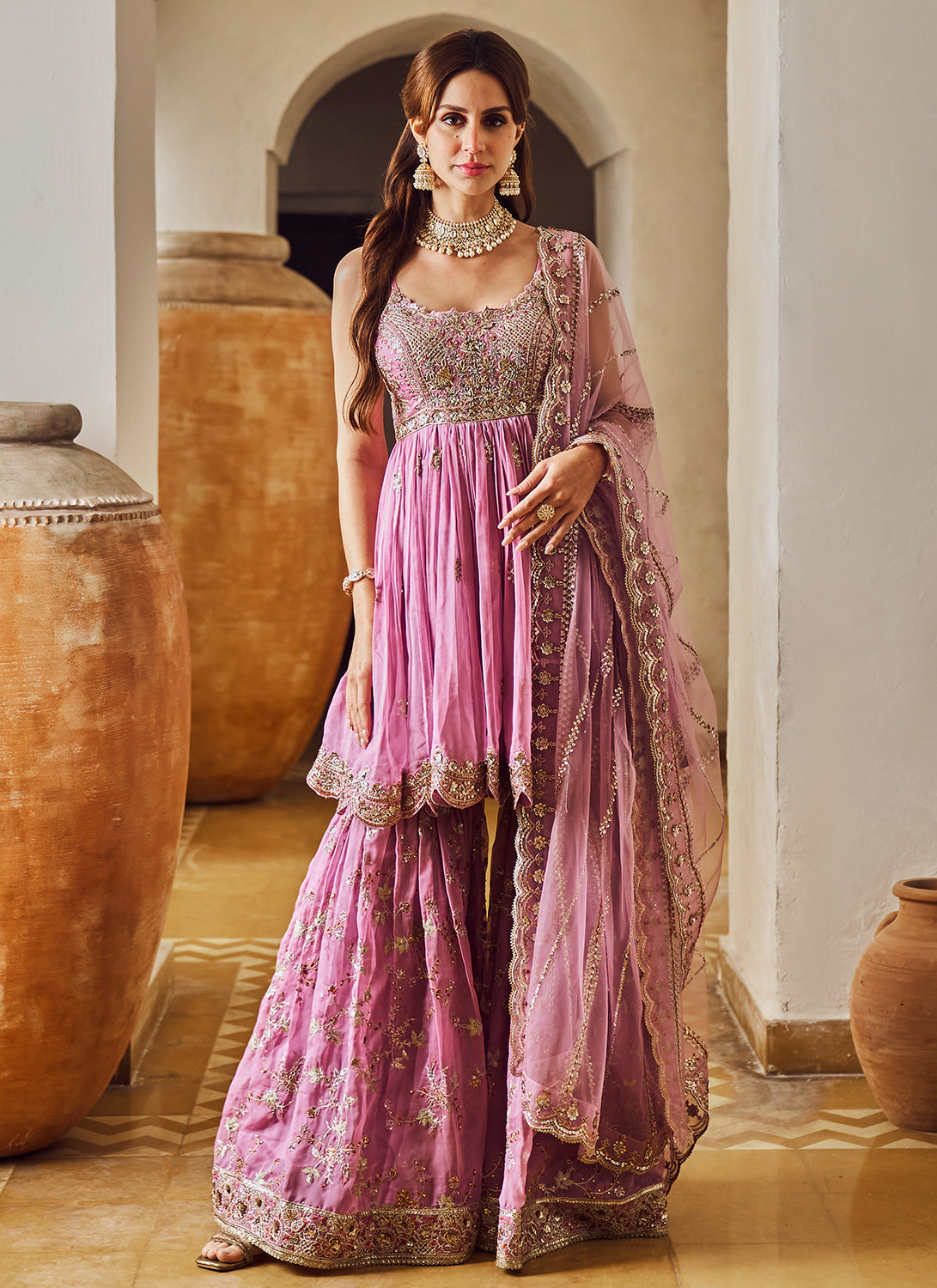 Lilac Rose Embroidered Gharara Suit