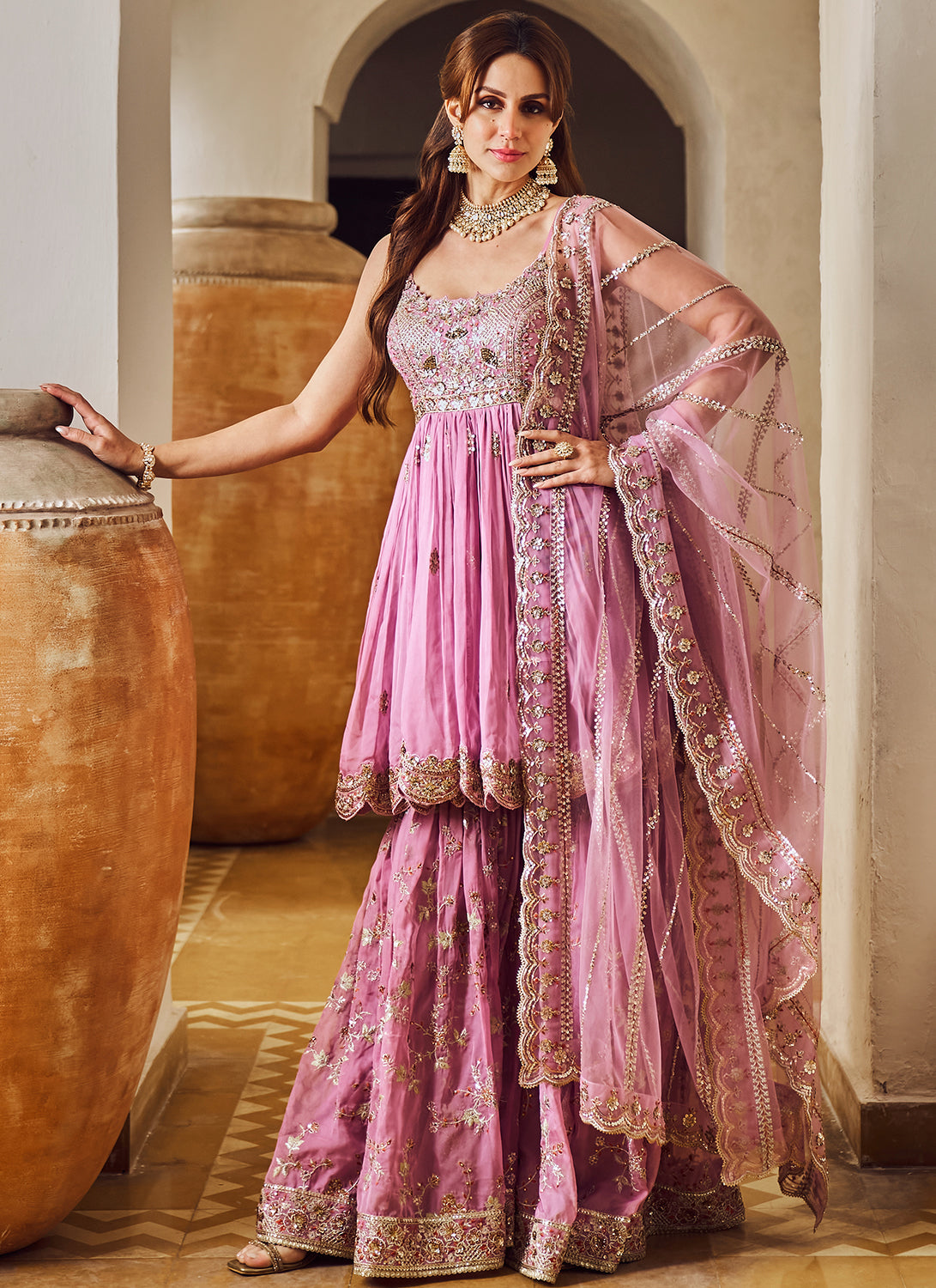 Lilac Rose Embroidered Gharara Suit
