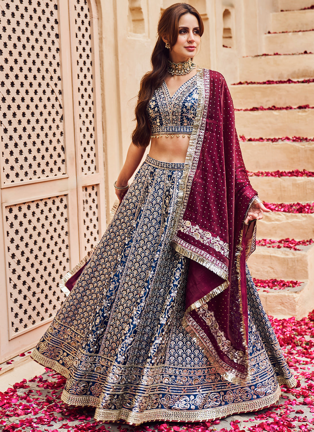 Blue and Maroon Embroidered Lehenga