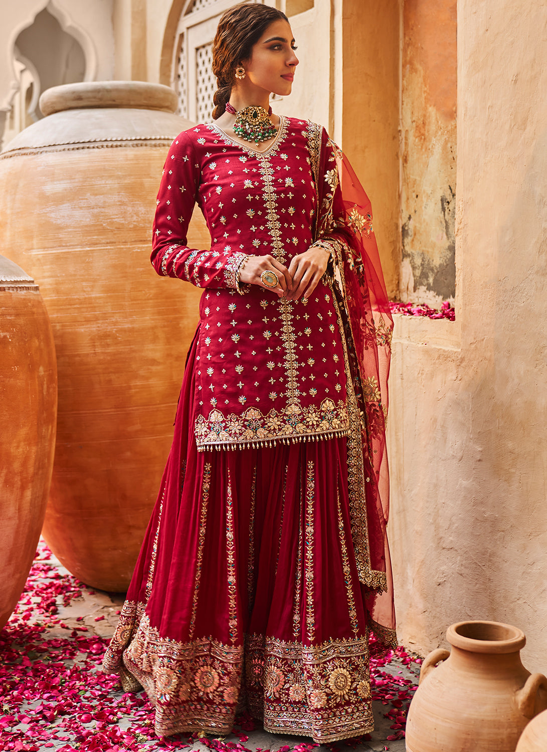 Maroon Embroidered Sharara Suit