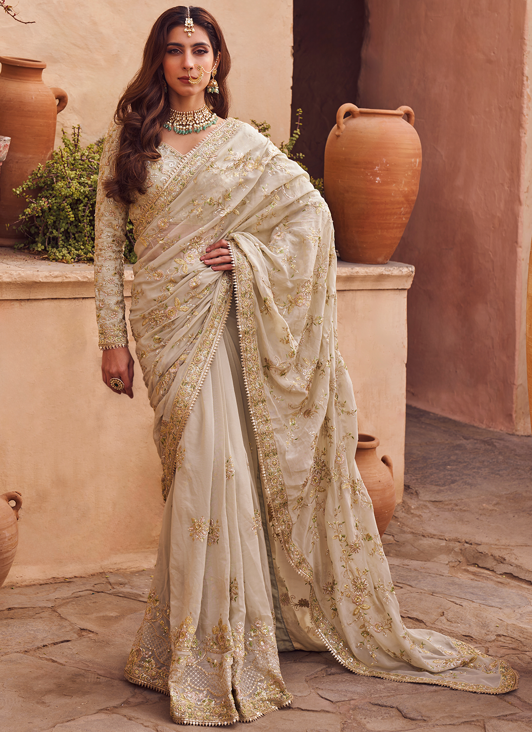 Dusty Green Embroidered Saree