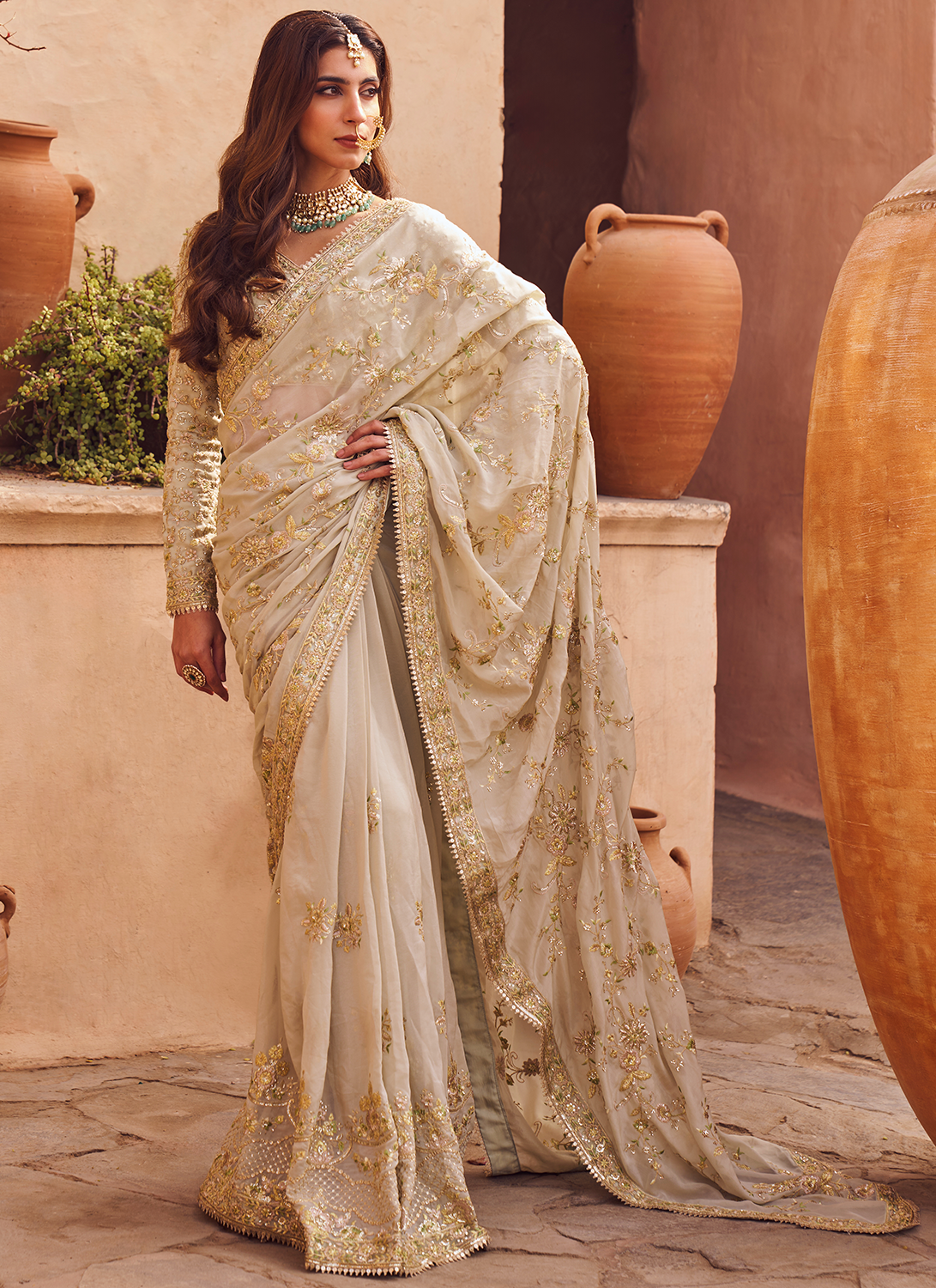 Dusty Green Embroidered Saree