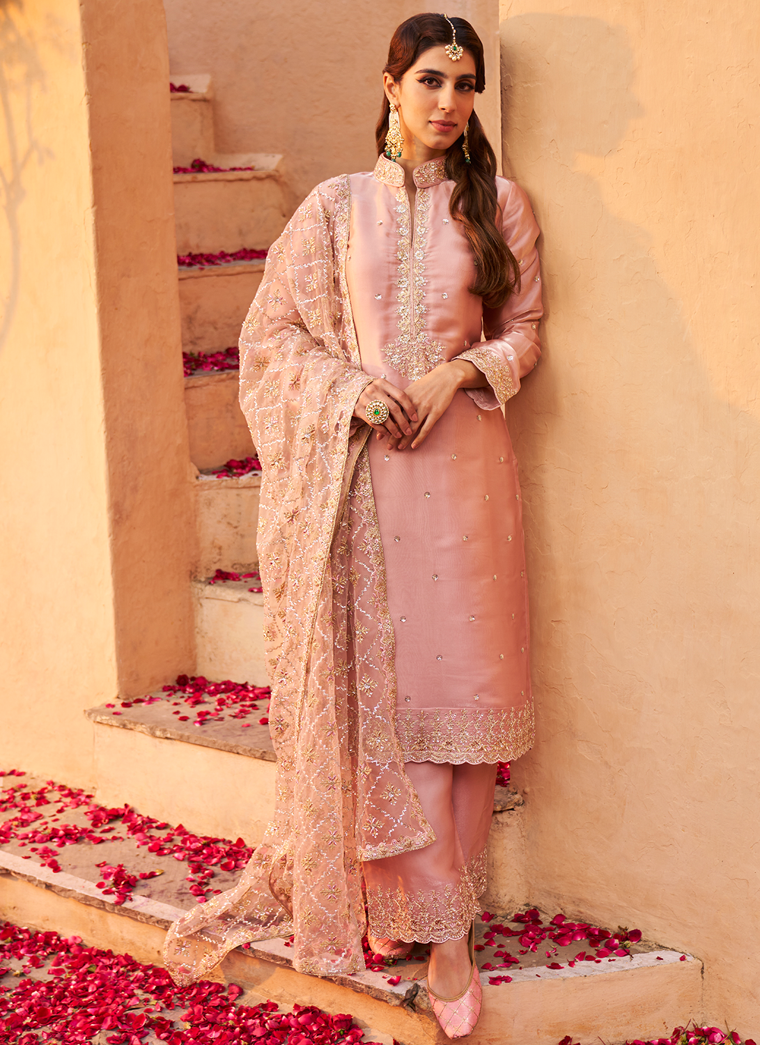 Blush Pink Embroidered Palazzo Suit - Main Image