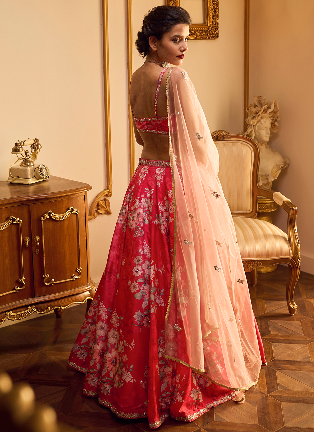 Red Floral Printed Lehenga