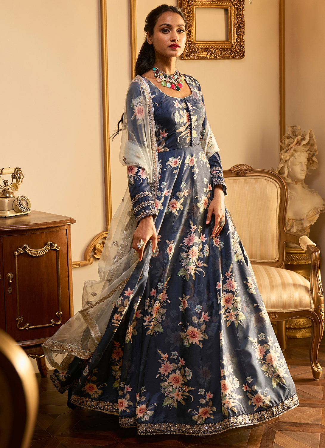 Navy Blue Floral Printed Anarkali