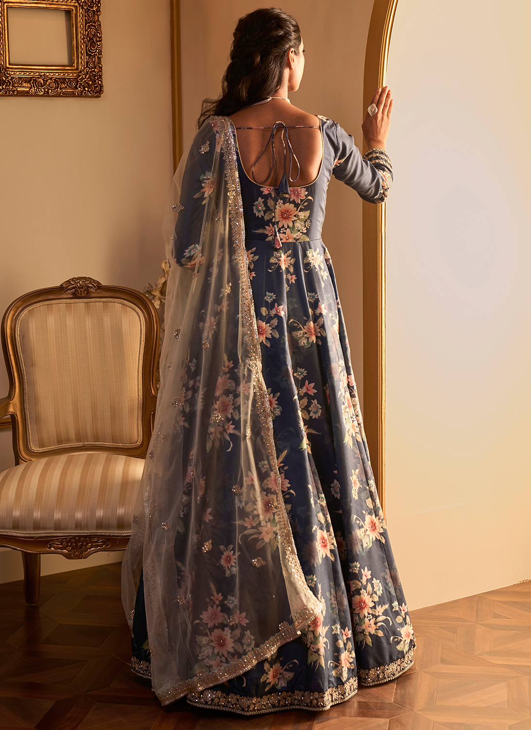 Navy Blue Floral Printed Anarkali