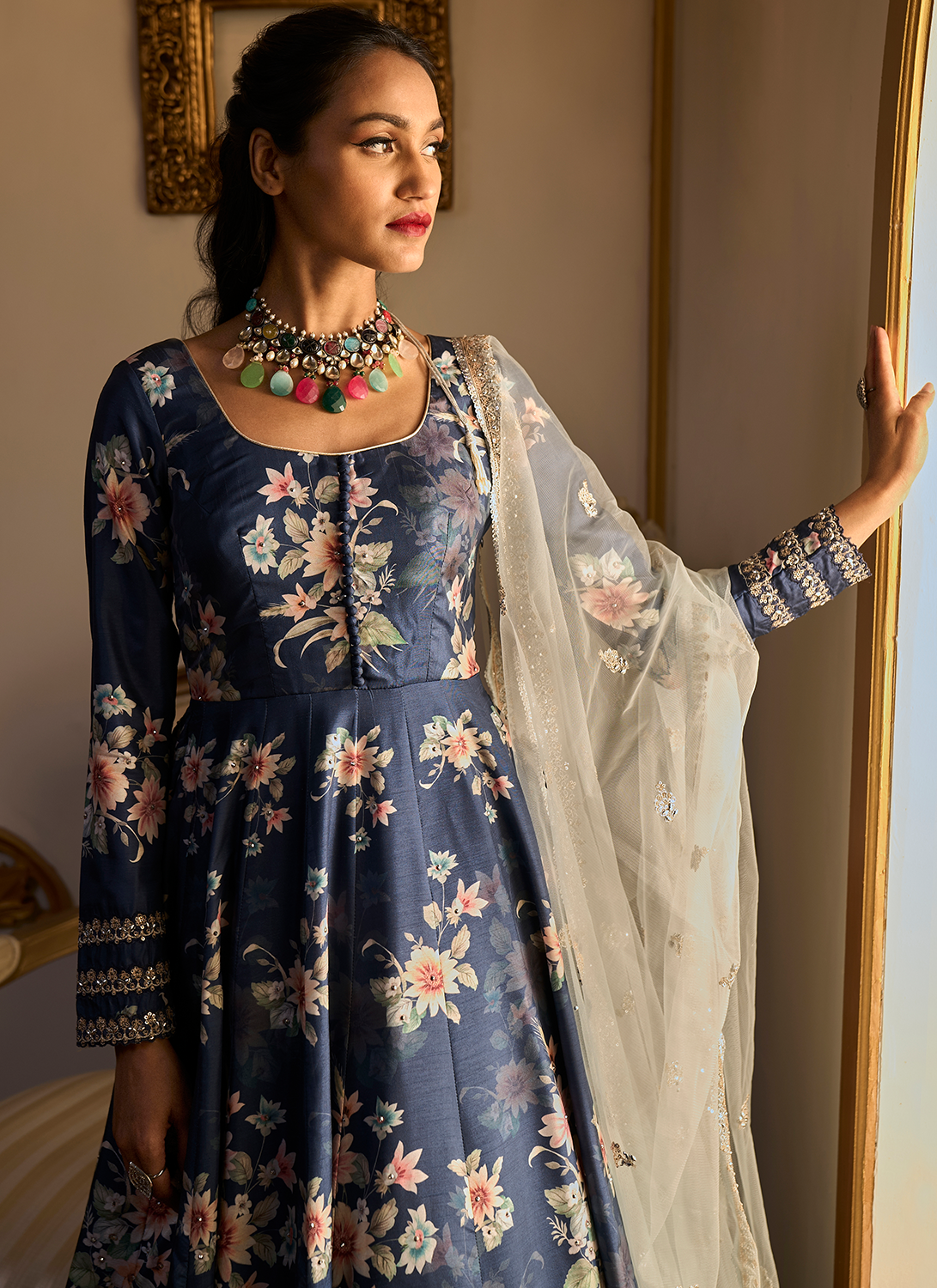 Navy Blue Floral Printed Anarkali
