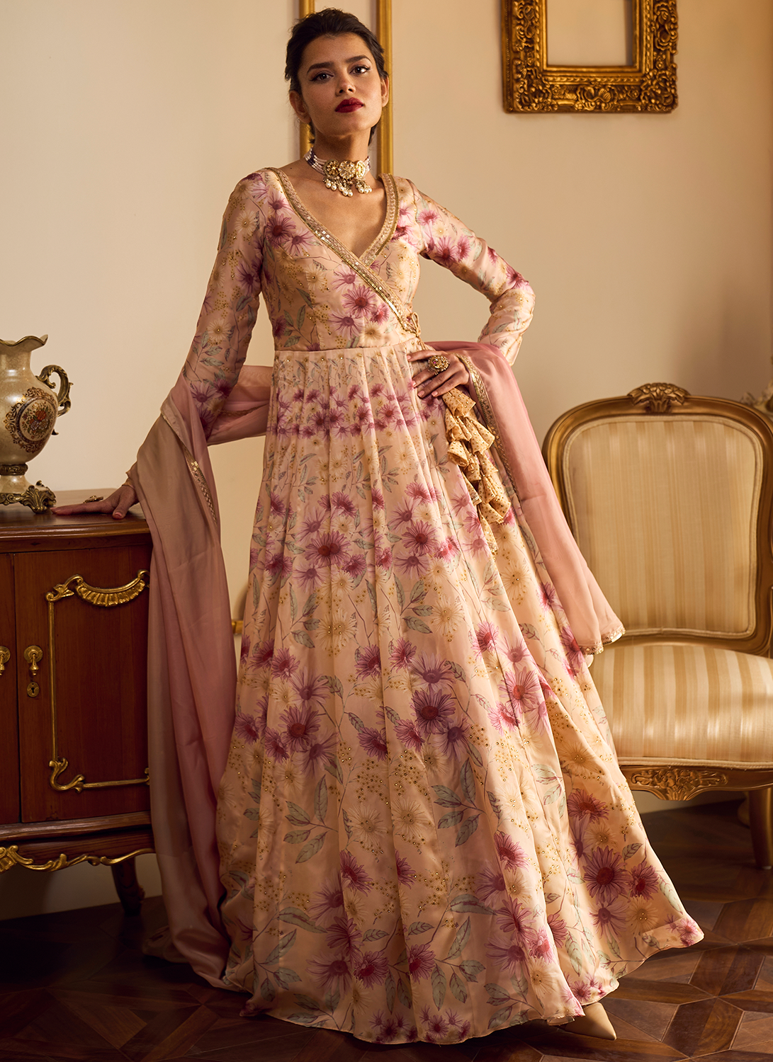 Dusty Beige Floral Printed Anarkali