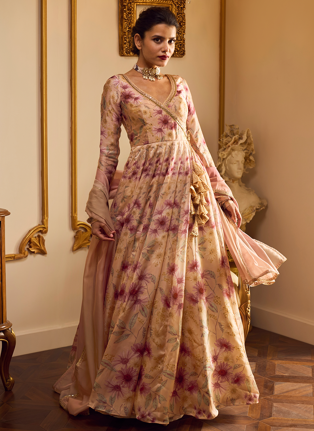 Dusty Beige Floral Printed Anarkali