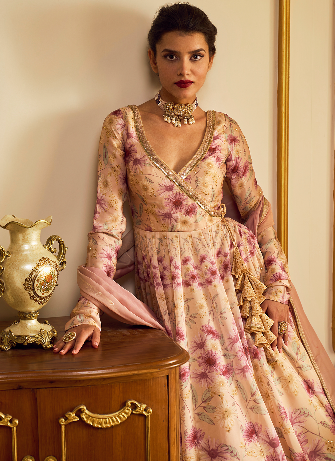 Dusty Beige Floral Printed Anarkali