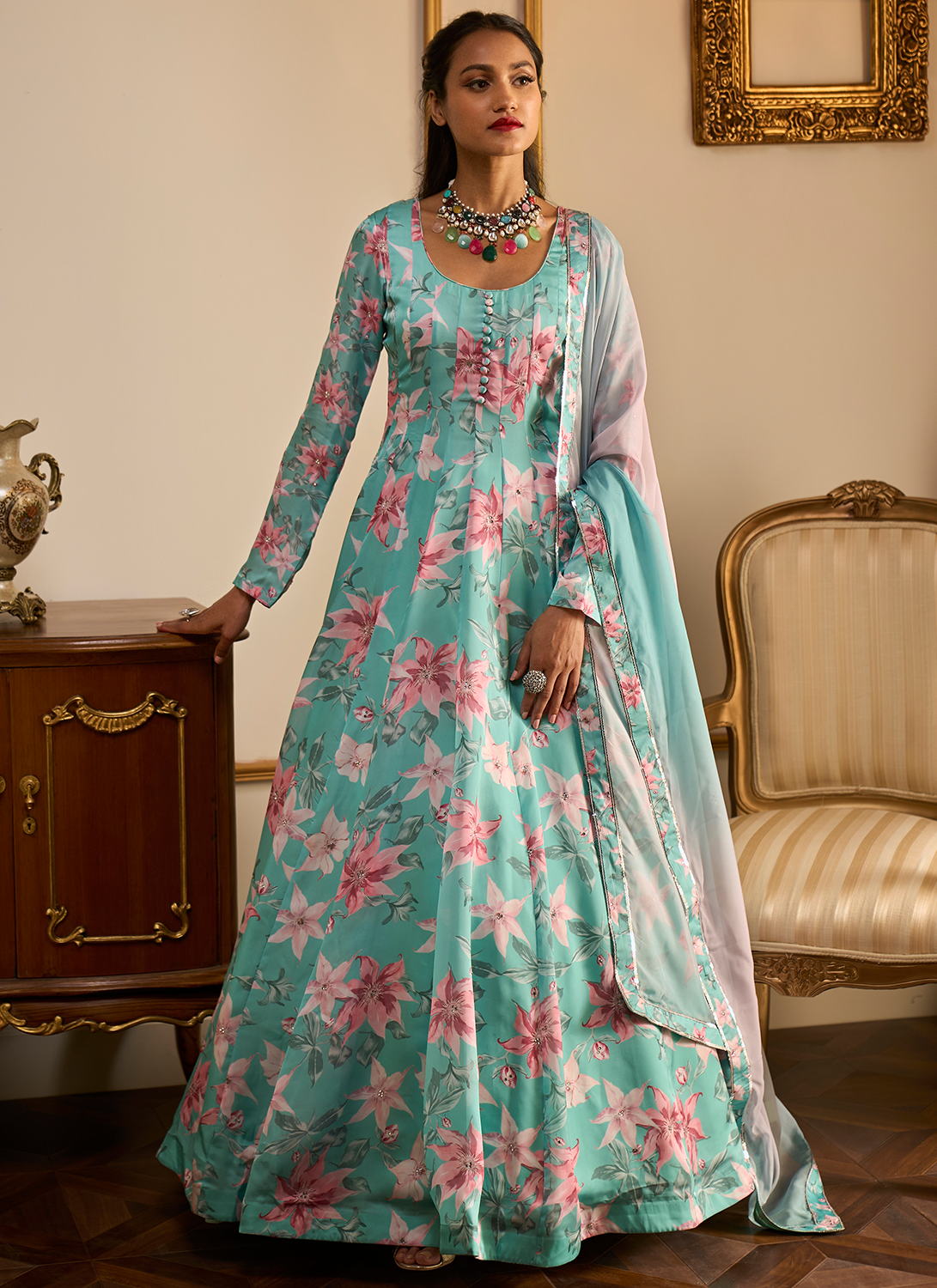 Light Blue Floral Printed Anarkali