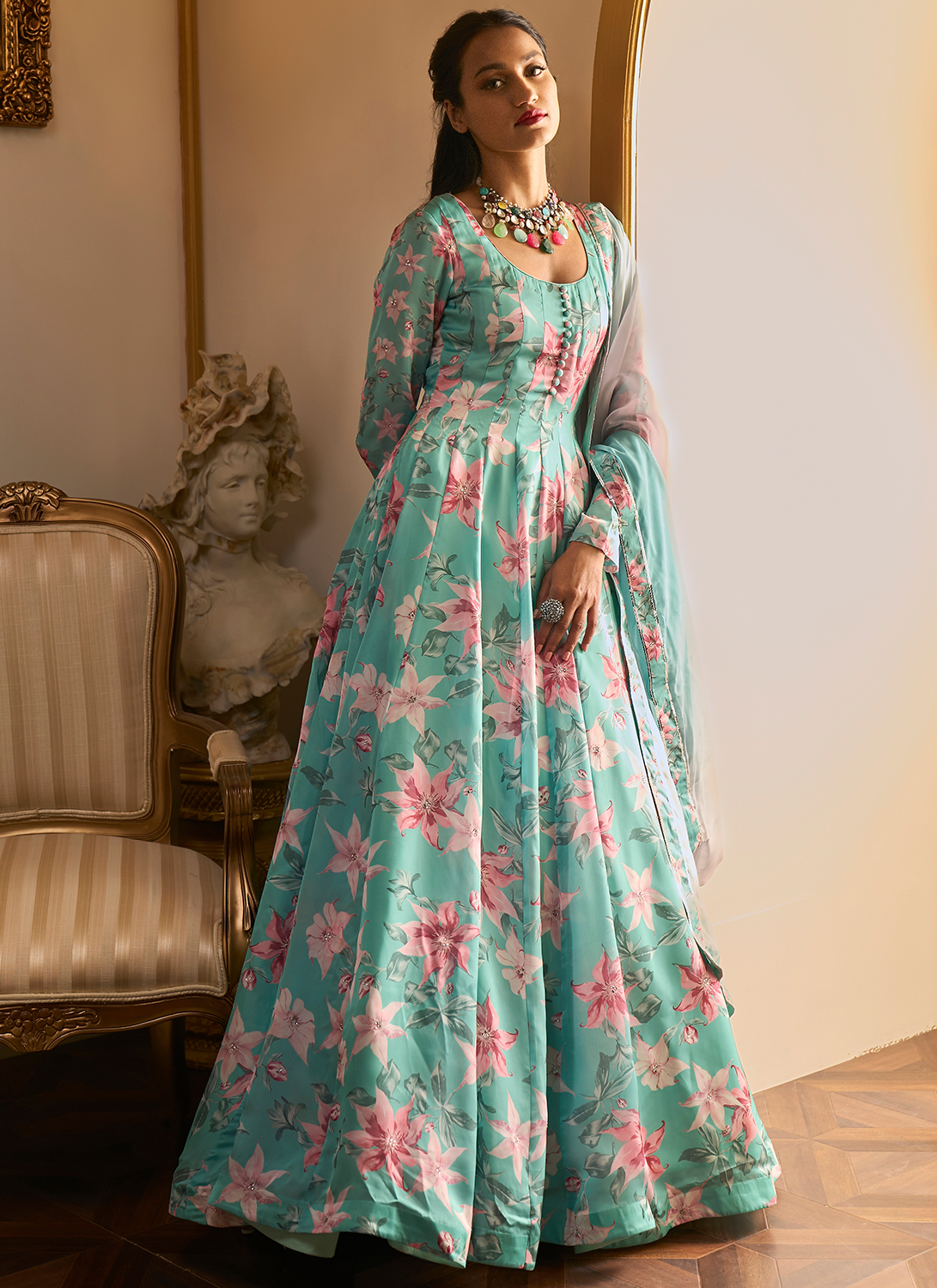Light Blue Floral Printed Anarkali
