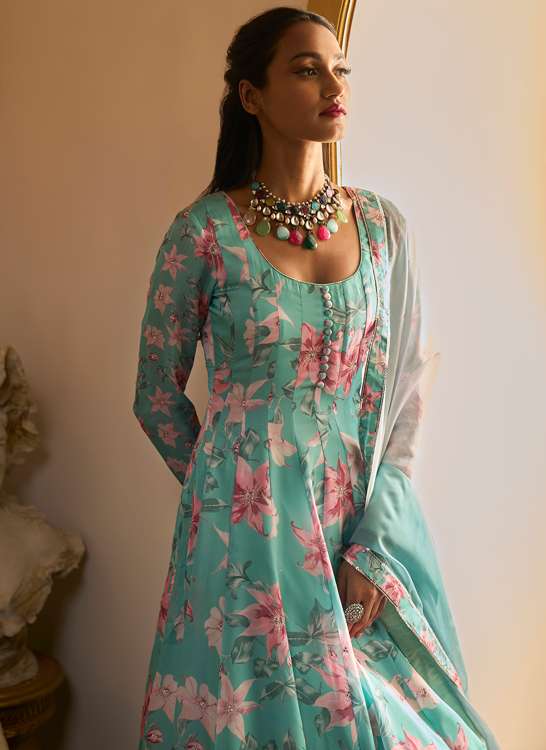 Light Blue Floral Printed Anarkali
