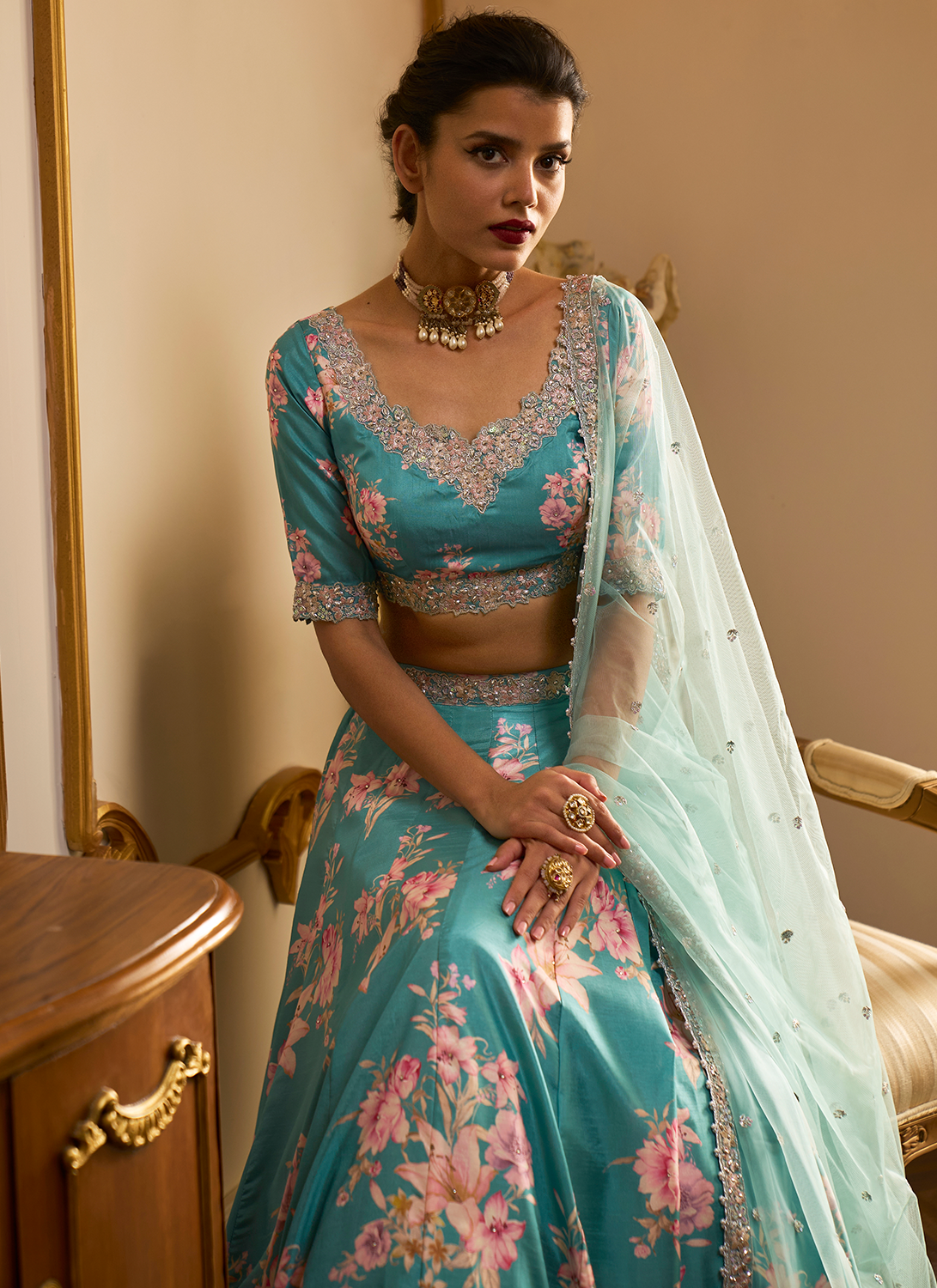 Turquoise Floral Printed Lehenga