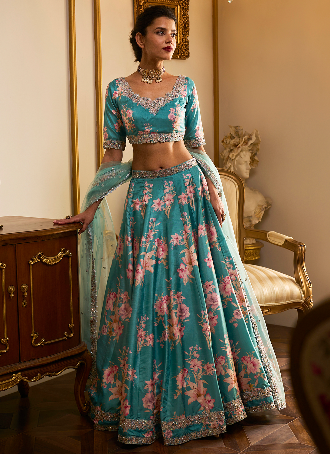 Turquoise Floral Printed Lehenga