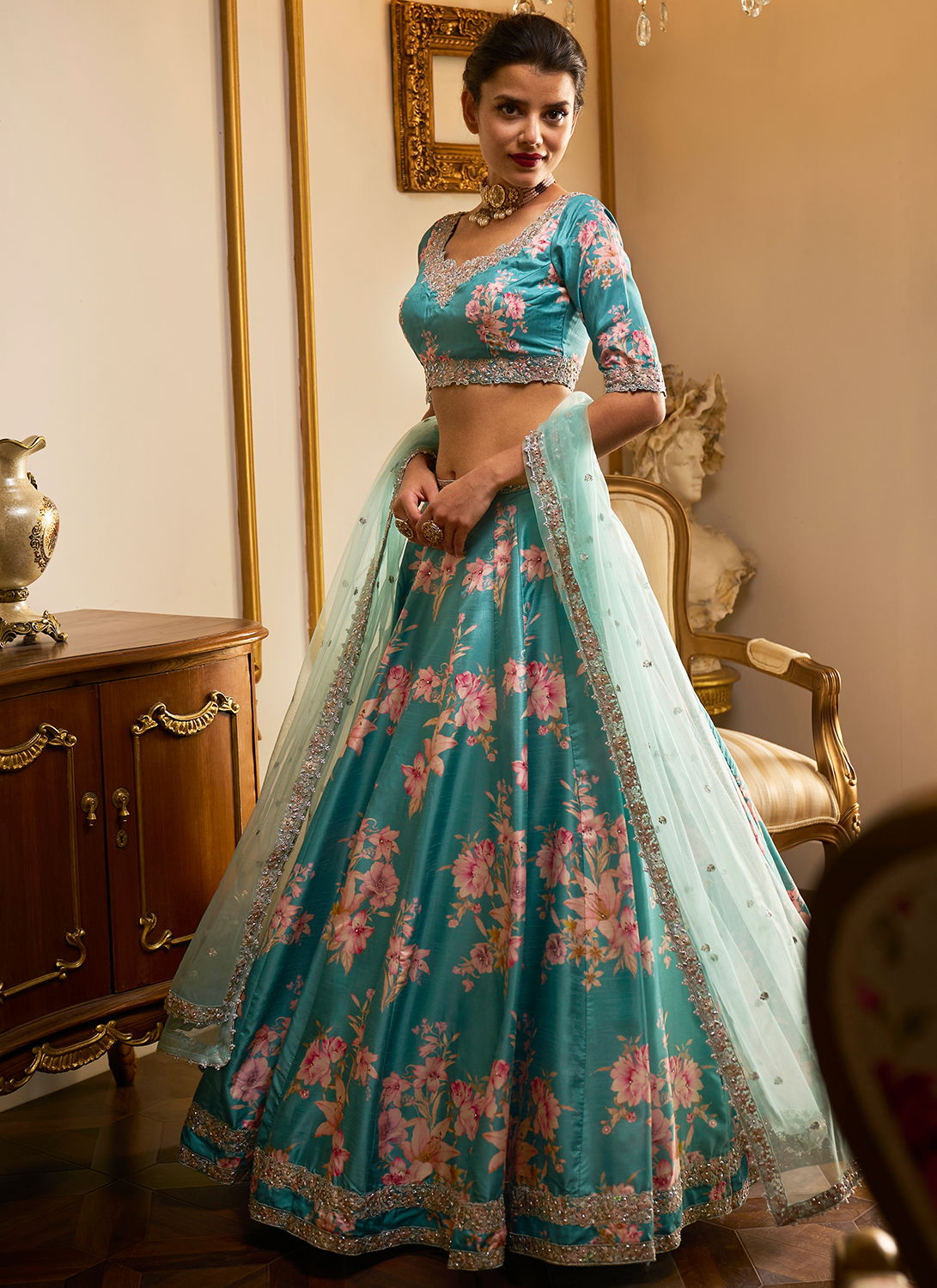 Turquoise Floral Printed Lehenga