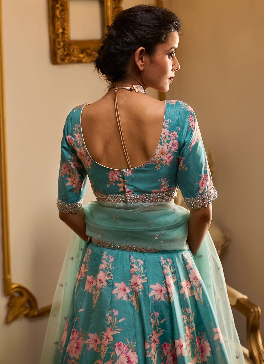 Turquoise Floral Printed Lehenga