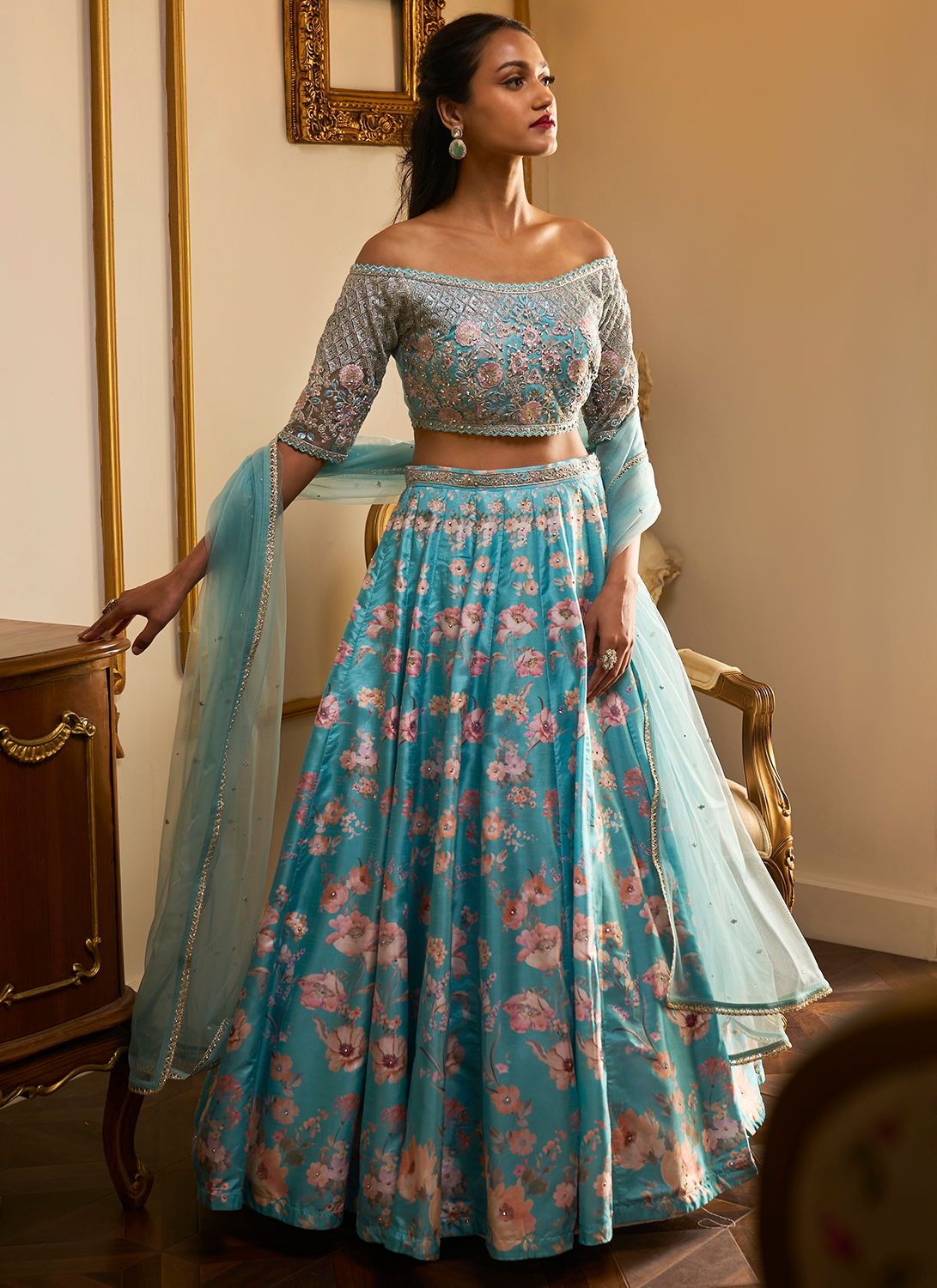 Light Turquoise Floral Printed Lehenga