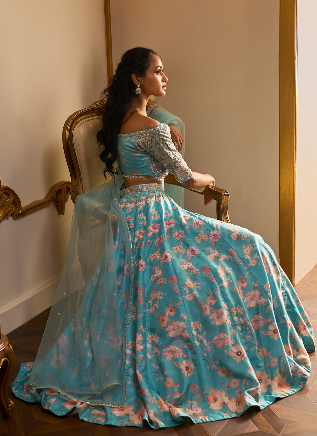 Light Turquoise Floral Printed Lehenga