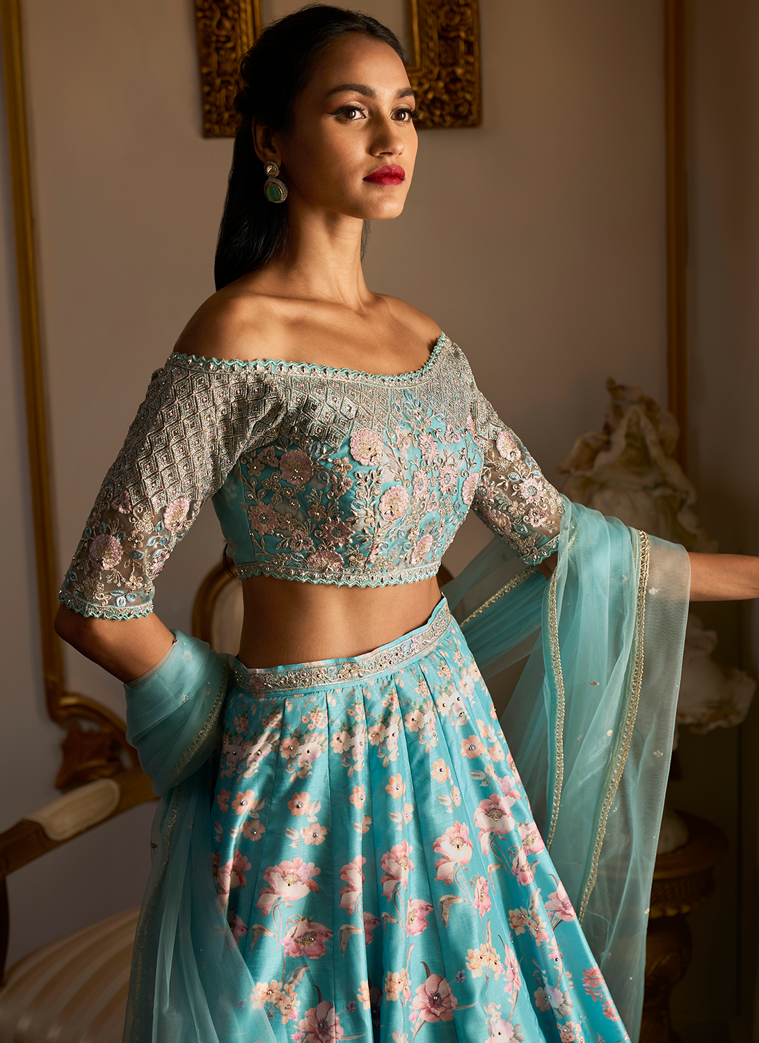 Light Turquoise Floral Printed Lehenga