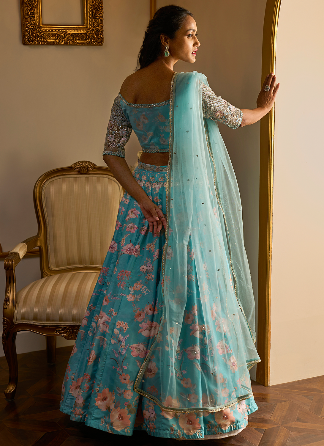 Light Turquoise Floral Printed Lehenga