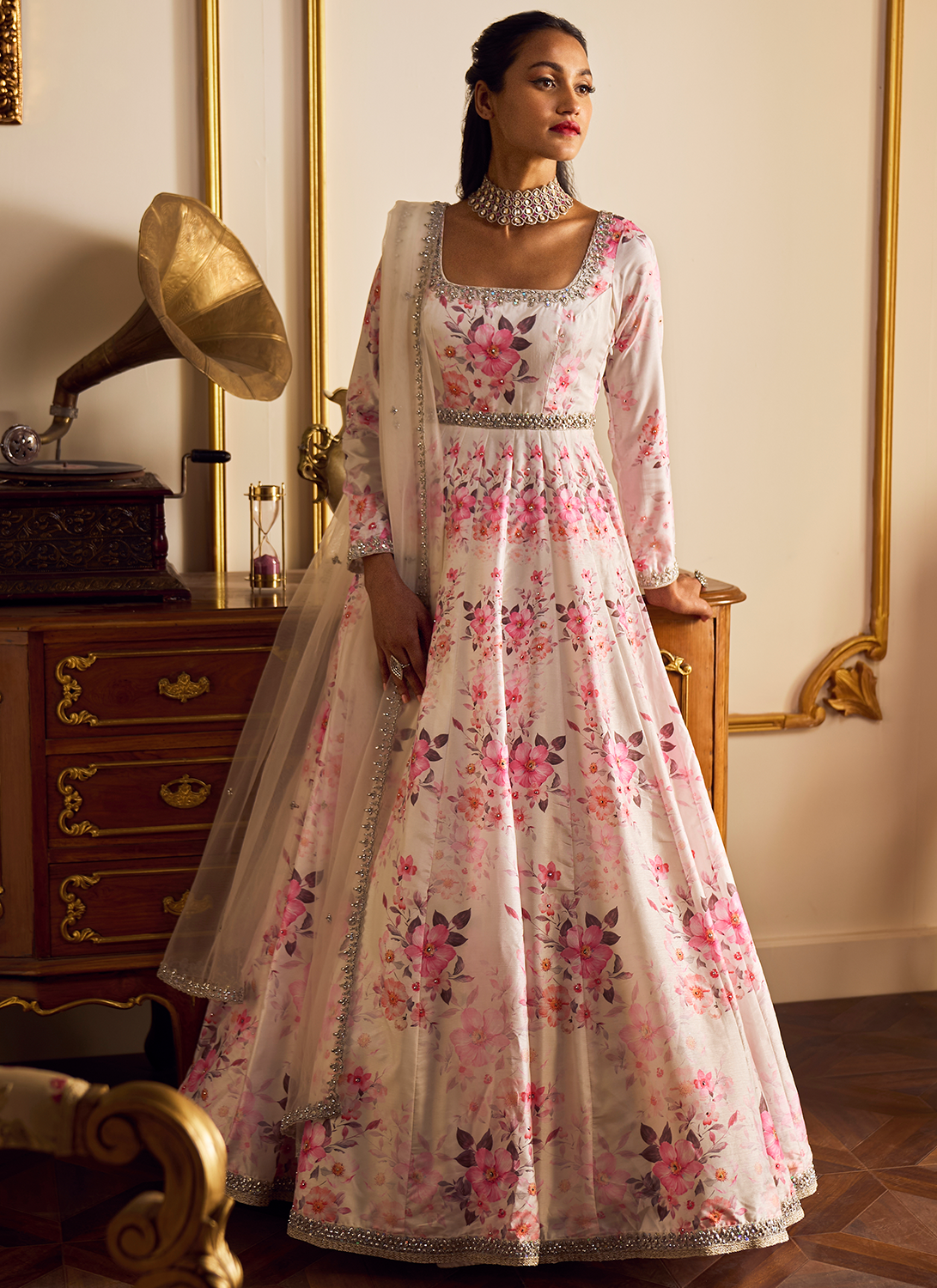 Off White Floral Printed Anarkali