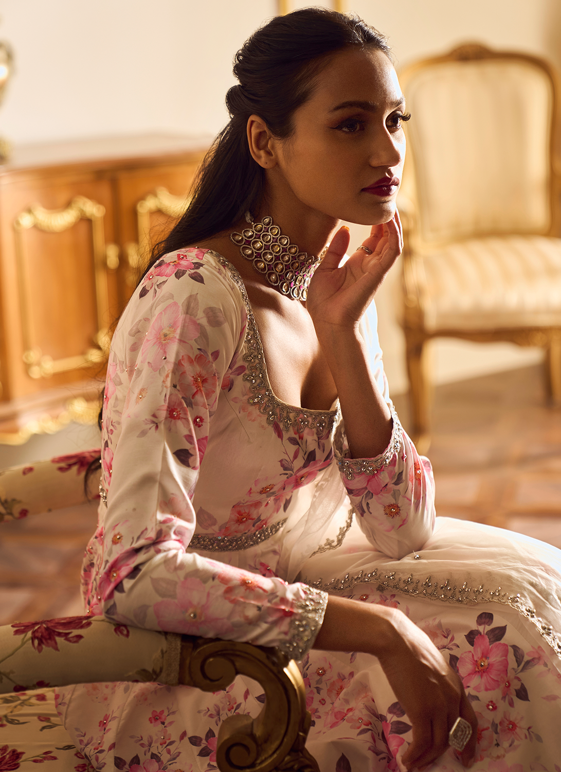 Off White Floral Printed Anarkali