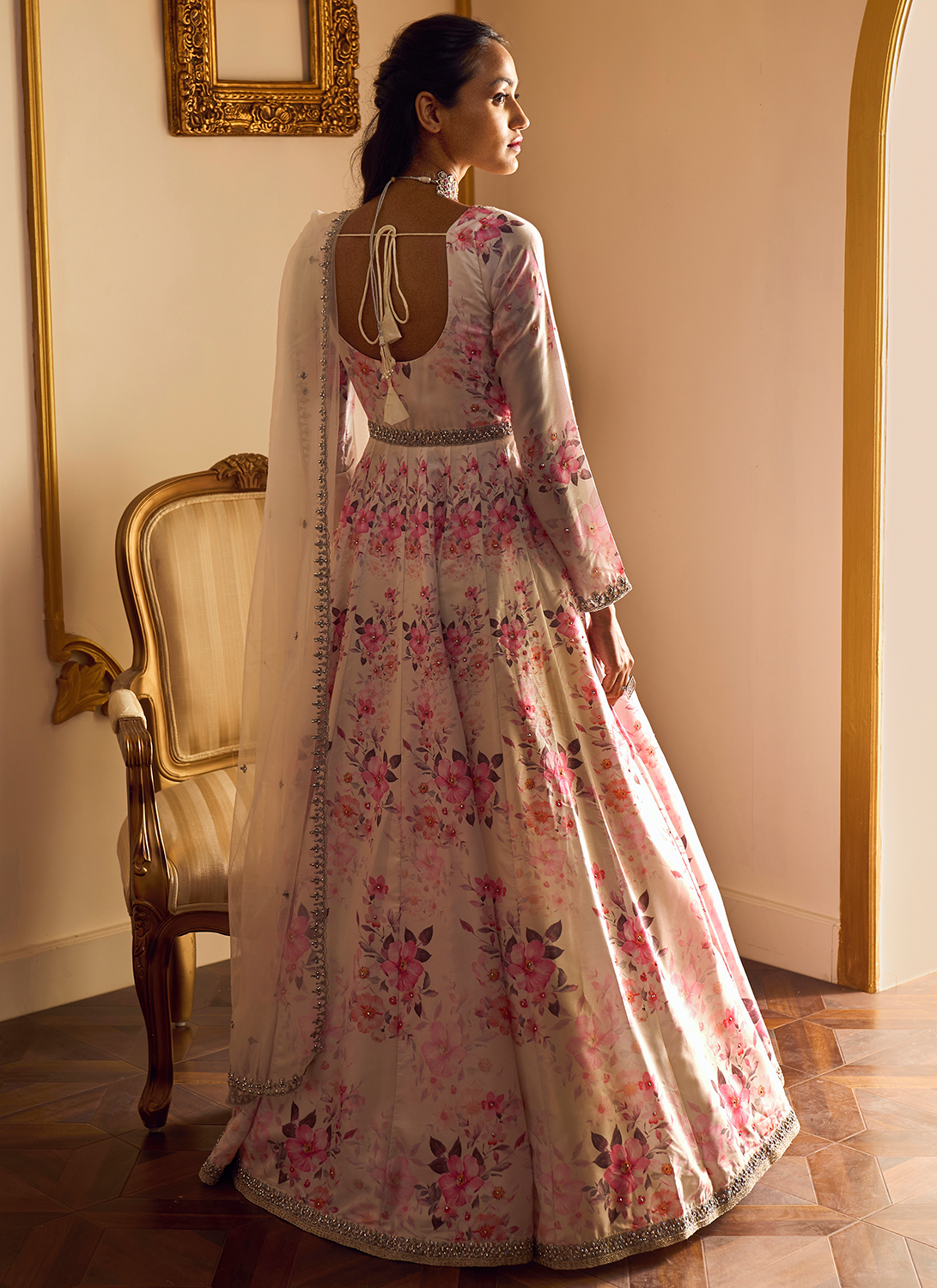 Off White Floral Printed Anarkali