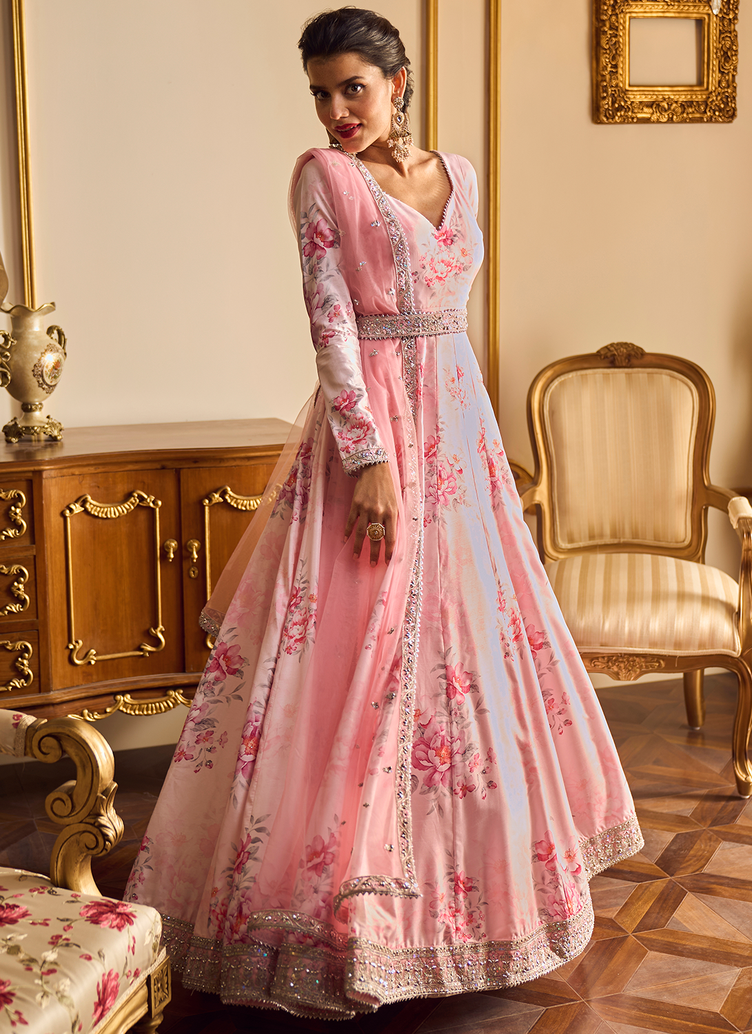 Light Pink Floral Printed Anarkali