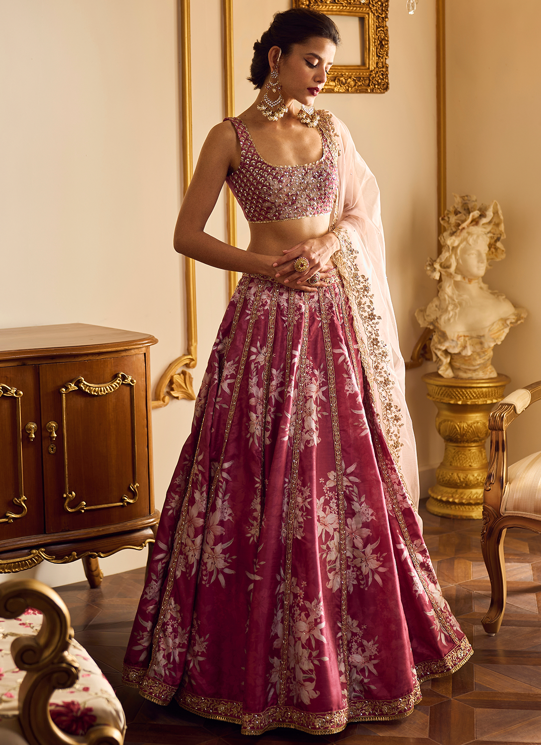 Maroon Floral Printed Lehenga - Lashkaraa