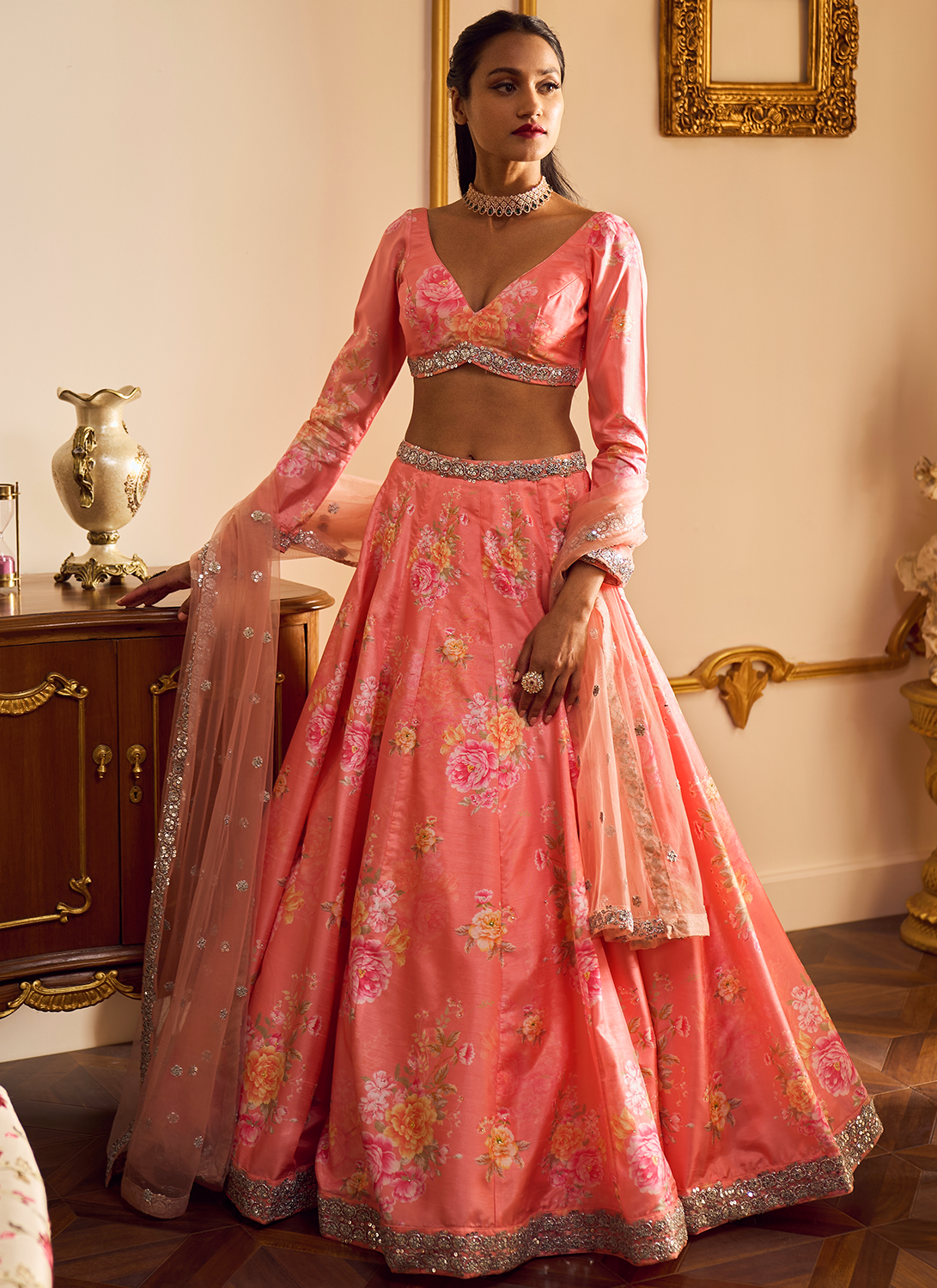 Coral Floral Printed Lehenga