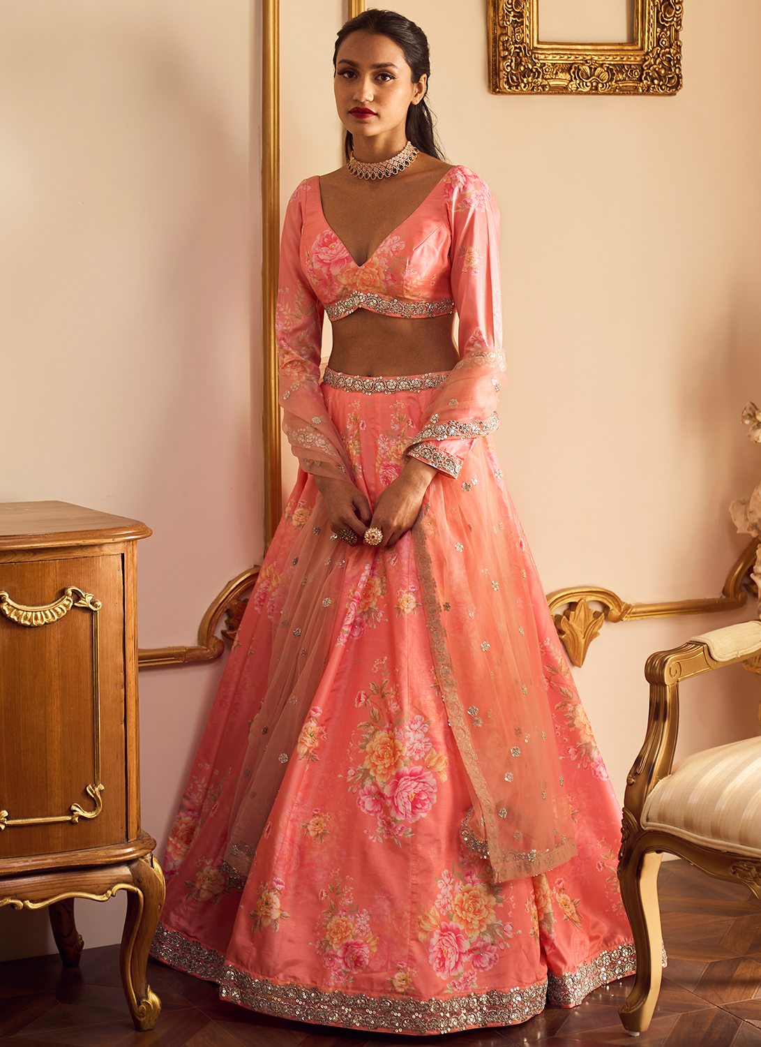 Coral Floral Printed Lehenga