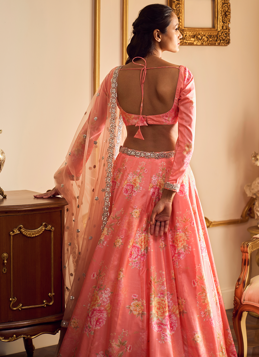 Coral Floral Printed Lehenga