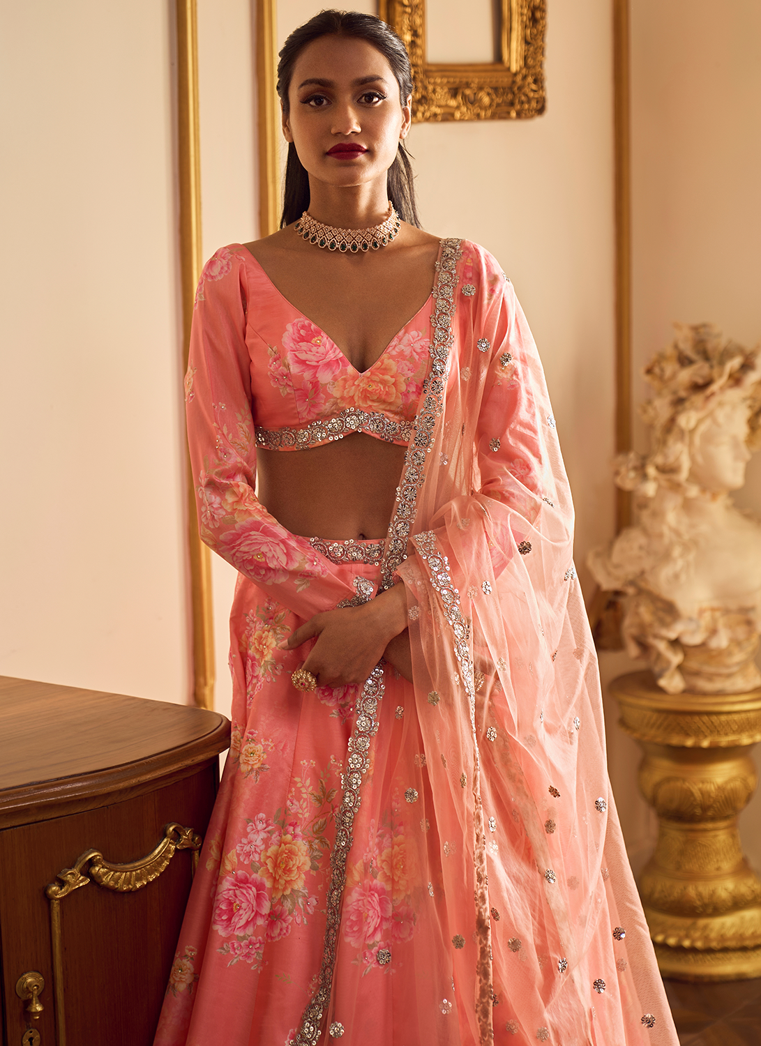 Coral Floral Printed Lehenga