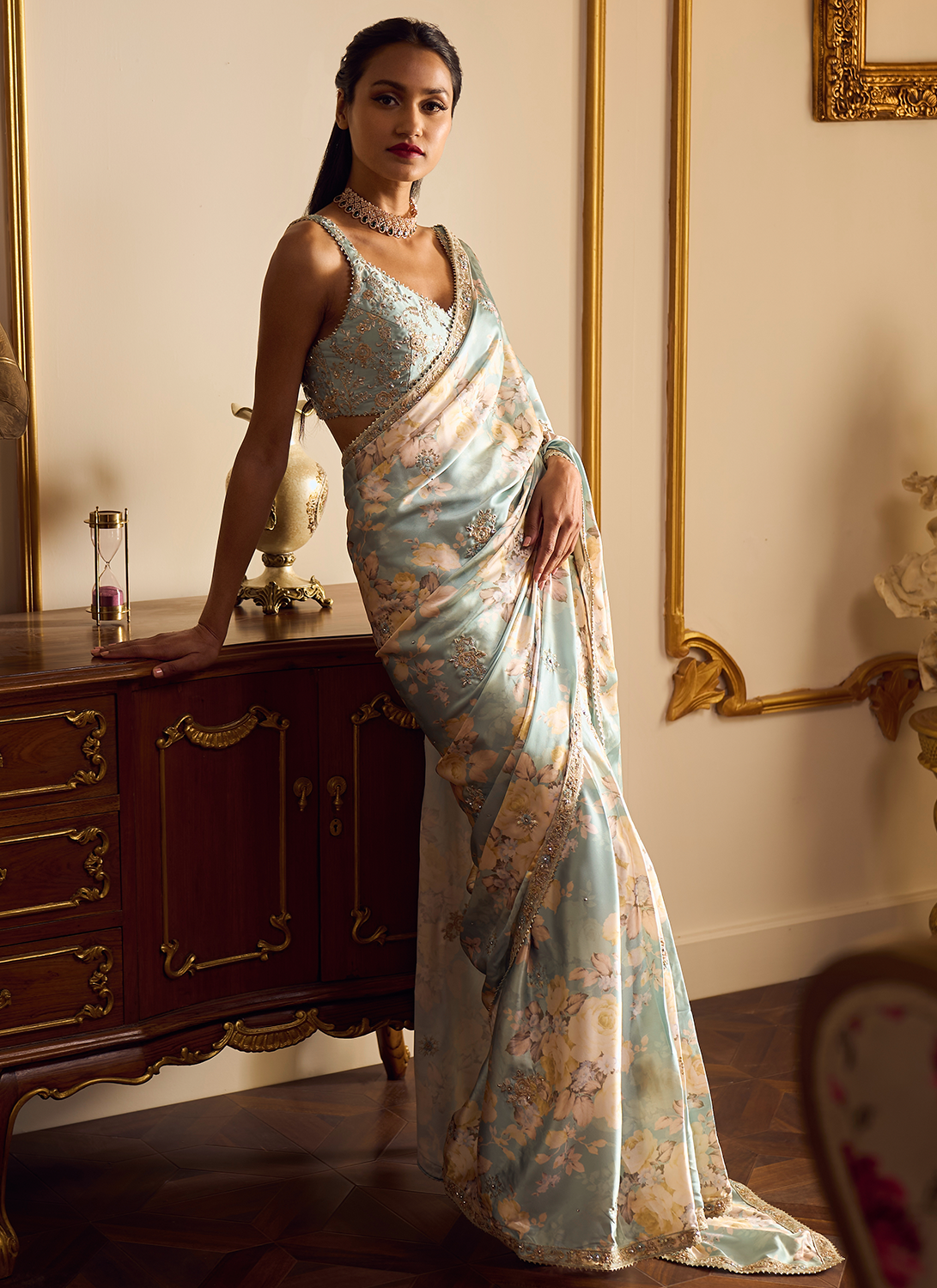 Dusty Mint Floral Printed Saree