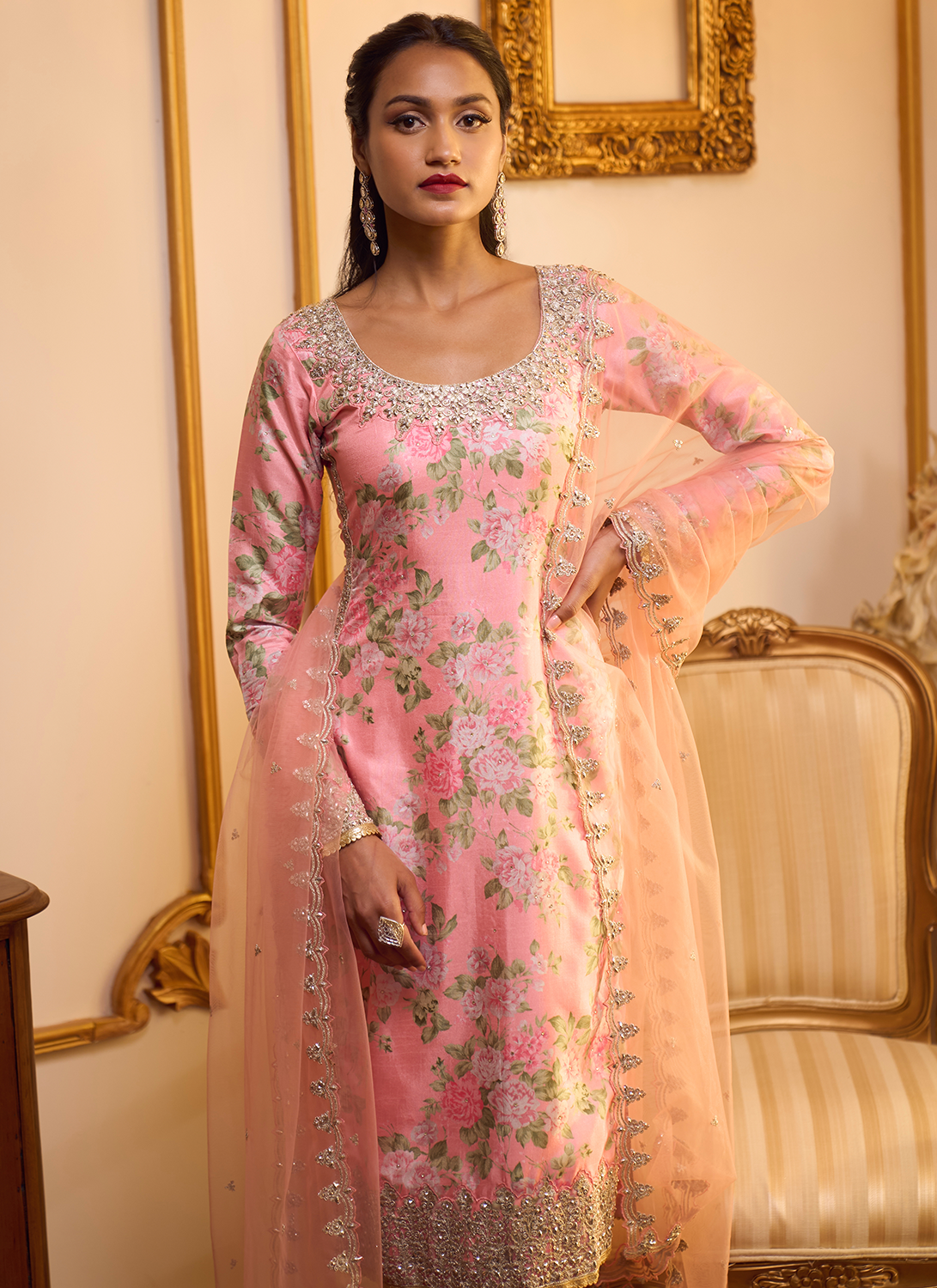 Peach Floral Printed Straight Suit